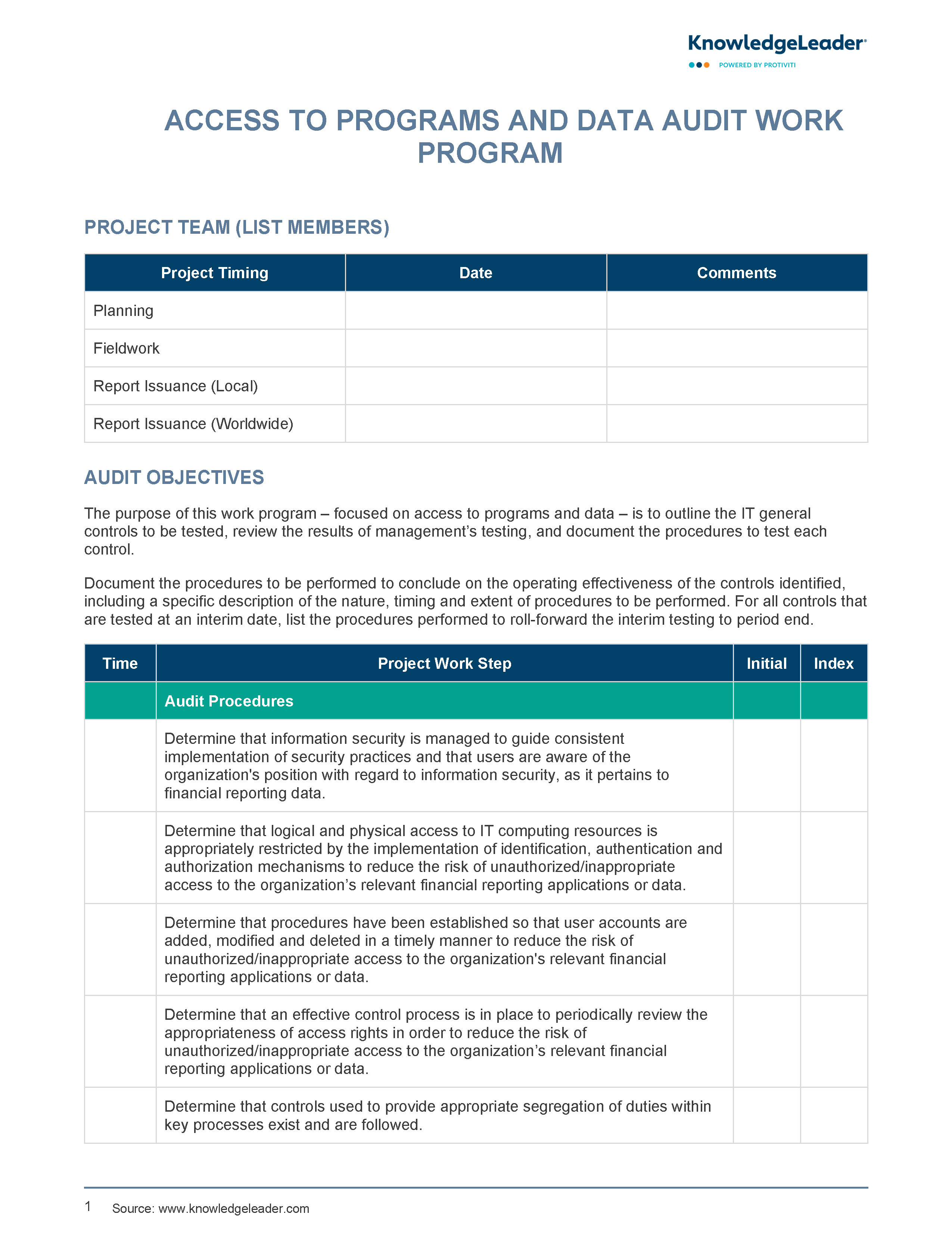 Screenshot of the first page of Access to Programs and Data Audit Work Program