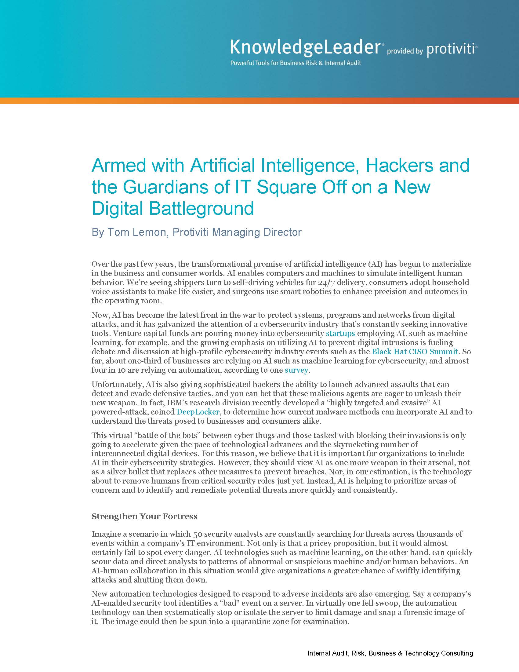 Screenshot of the first page of Armed with Artificial Intelligence, Hackers and the Guardians of IT Square Off on a New Digital Battleground