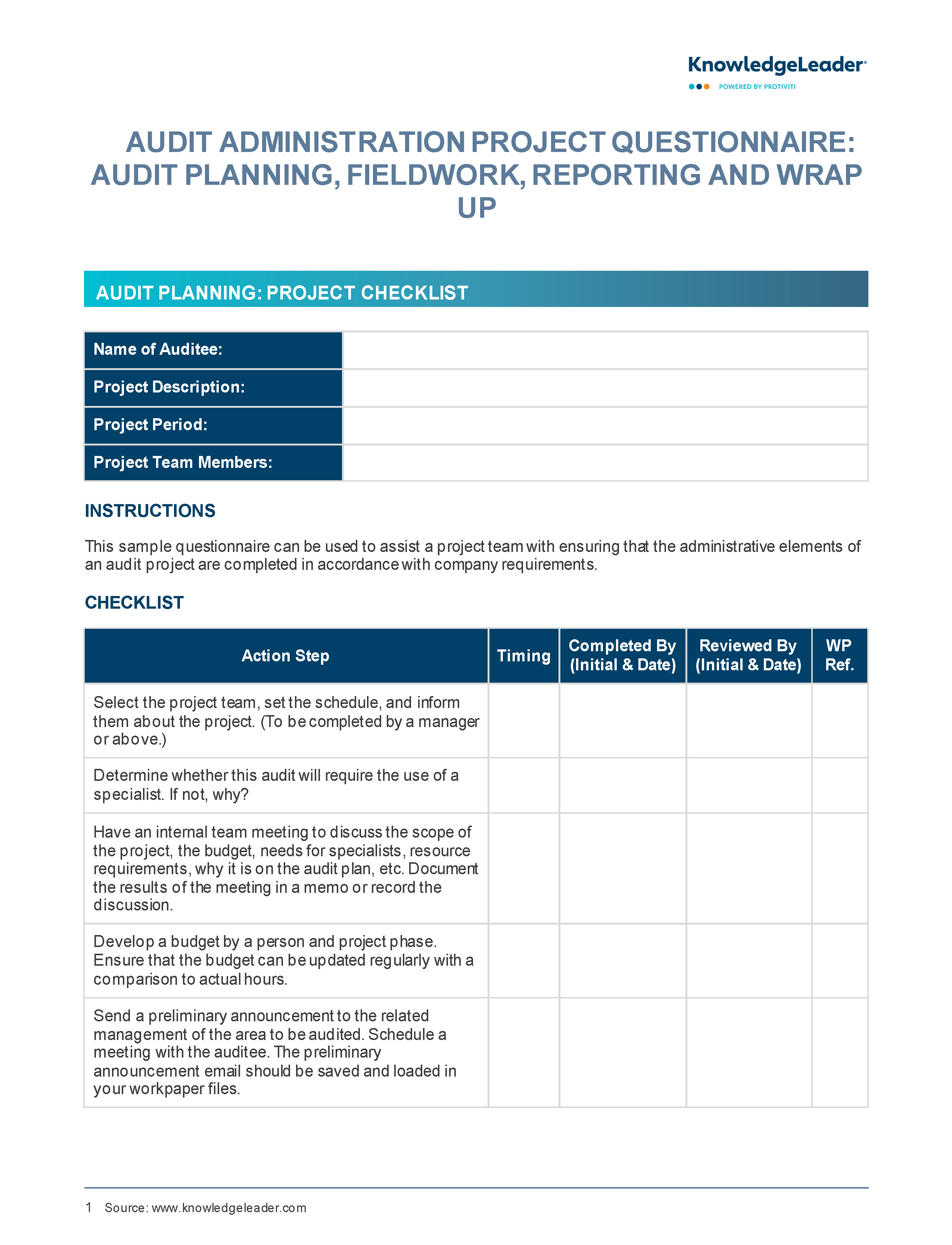 Screenshot of the first page of Audit Administration Project Questionnaire Audit Planning Fieldwork Reporting and Wrap Up