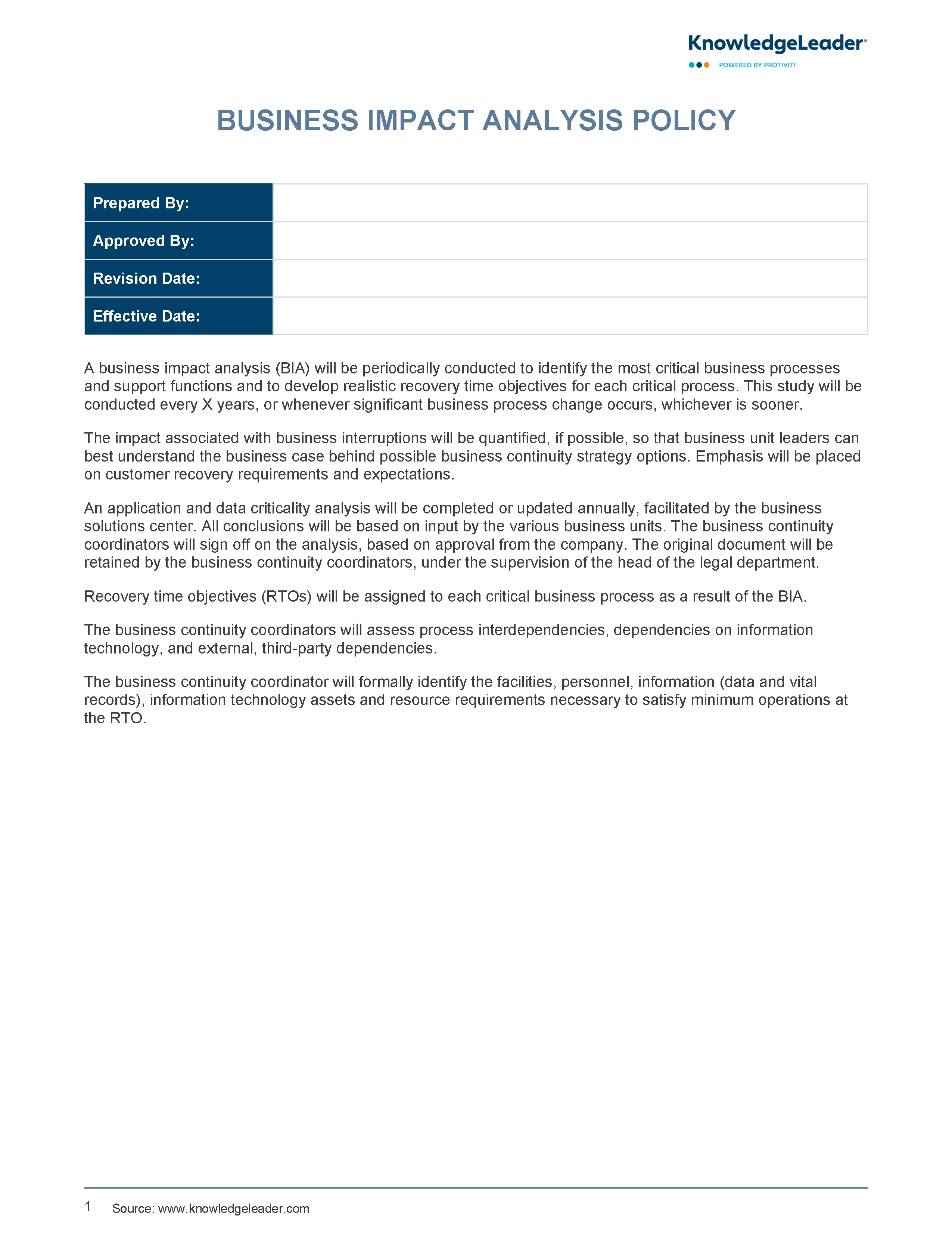 Screenshot of the first page of Business Impact Analysis Policy