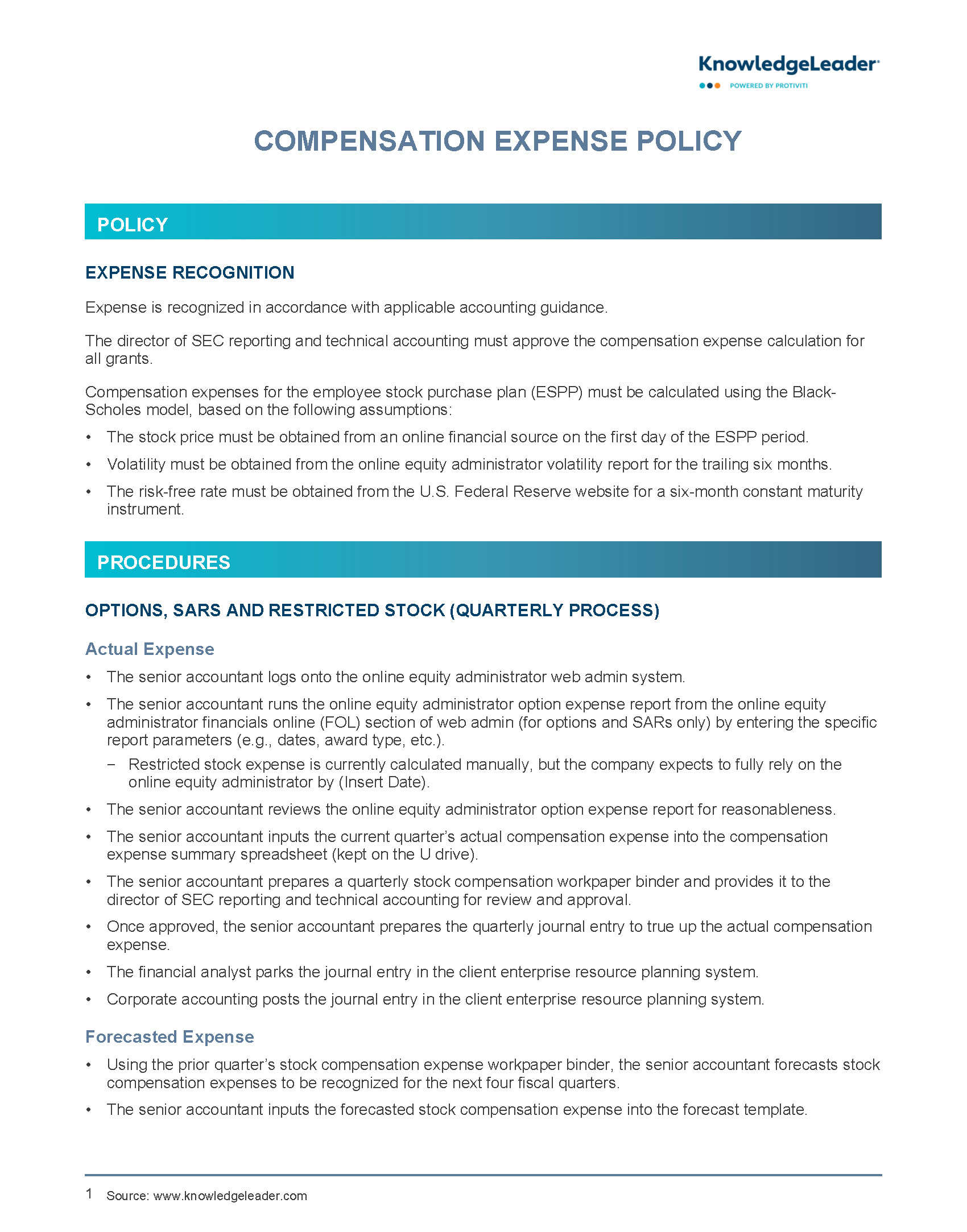 Screenshot of the first page of Compensation Expense Policy