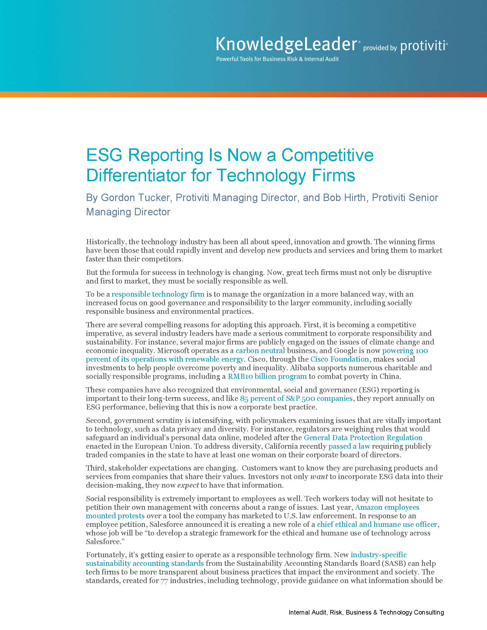 Screenshot of the first page of ESG Reporting Is Now a Competitive Differentiator for Technology Firms