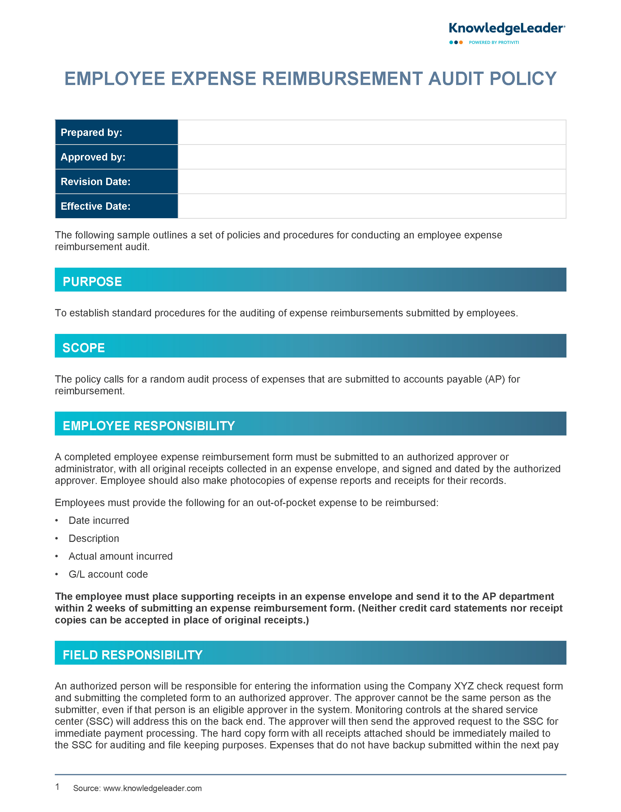 Screenshot of the first page of Employee Expense Reimbursement Audit Policy