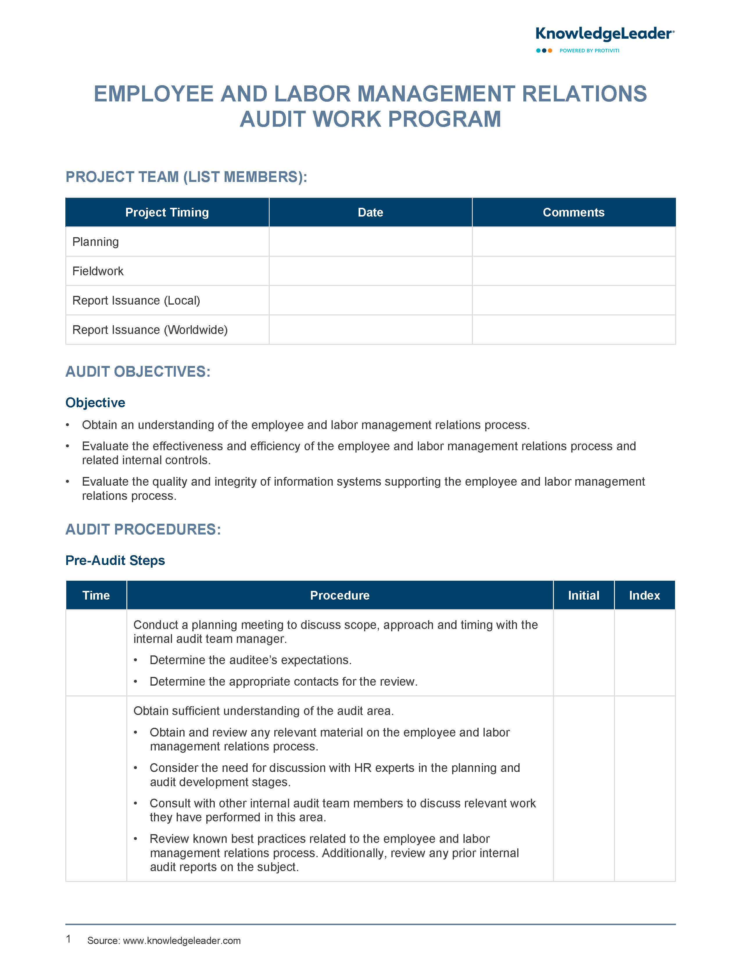 Screenshot of the first page of Employee and Labor Management Relations Audit Work Program