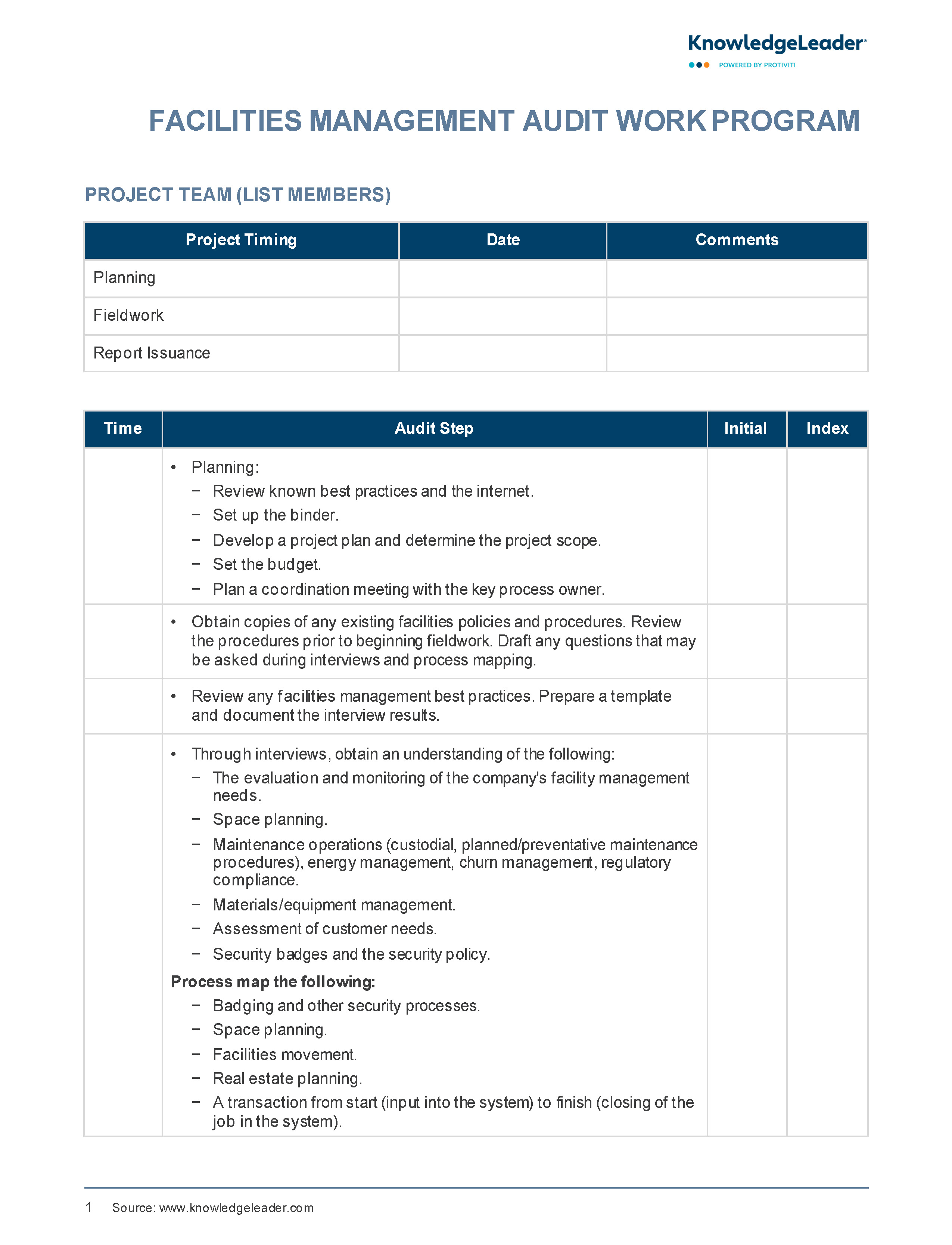 Screenshot of the first page of Facilities Management Audit Work Program