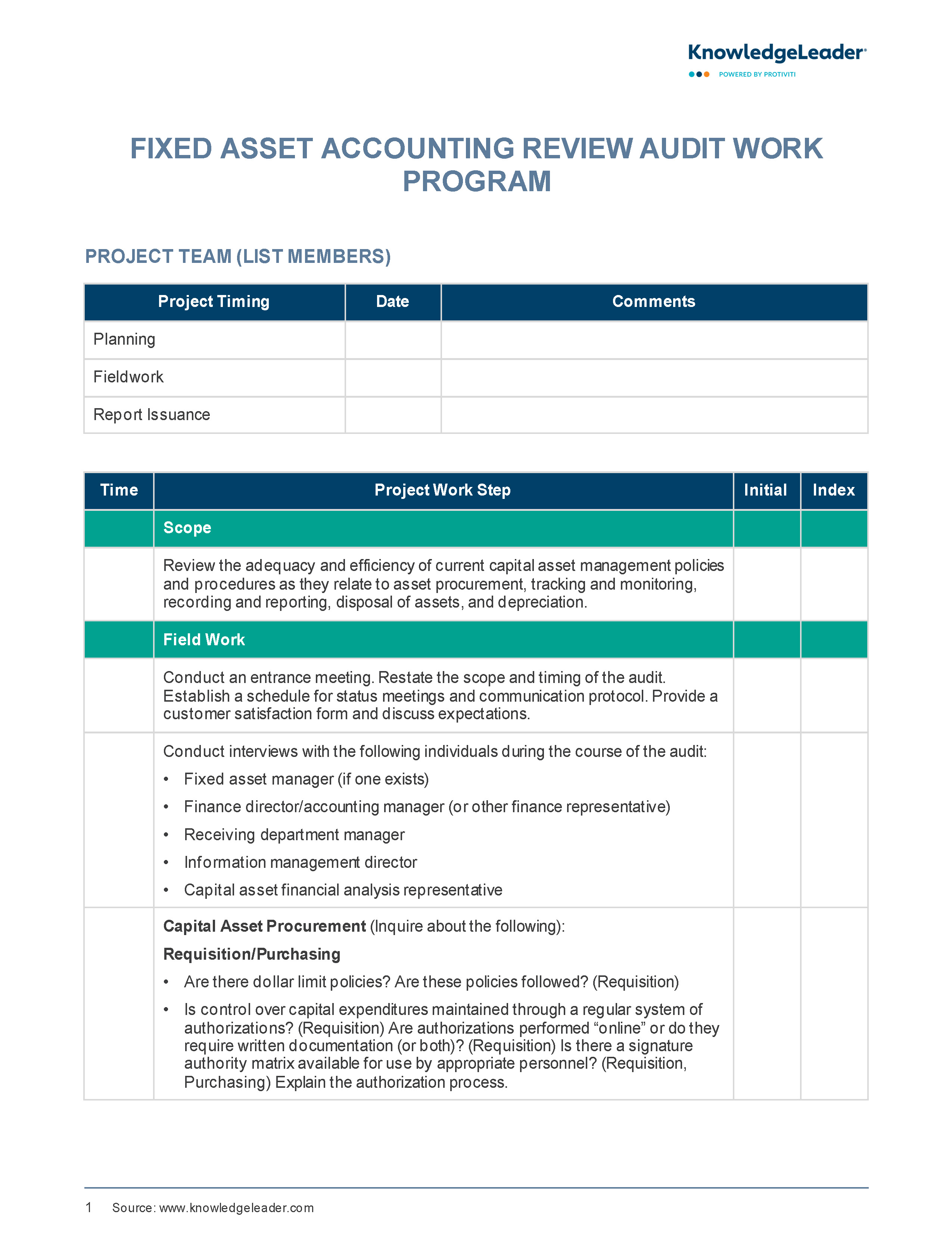 Screenshot of the first page of Fixed Asset Accounting Review Audit Work Program