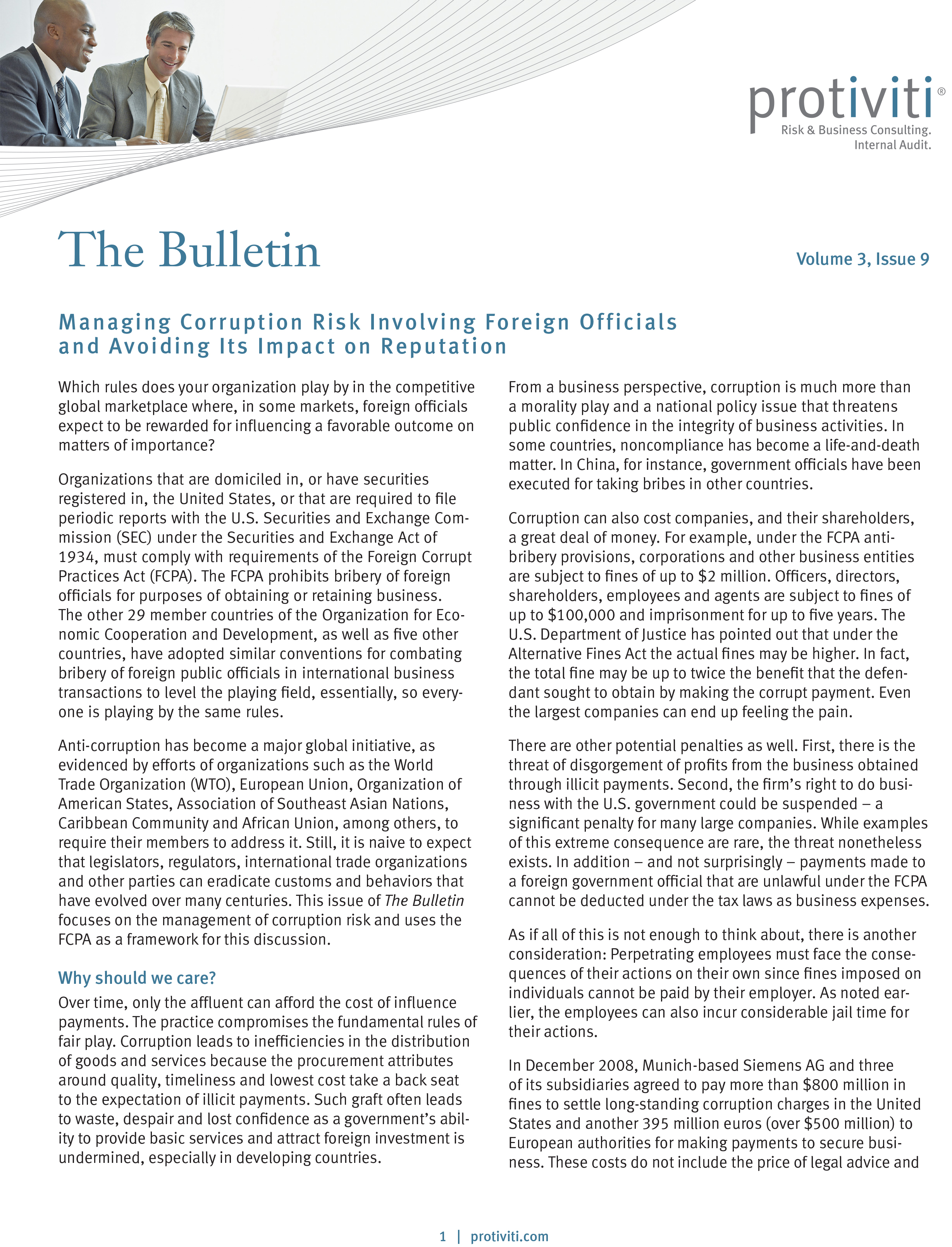Screenshot of the first page of Managing Corruption Risk Involving Foreign Officials and Avoiding Its Impact on Reputation