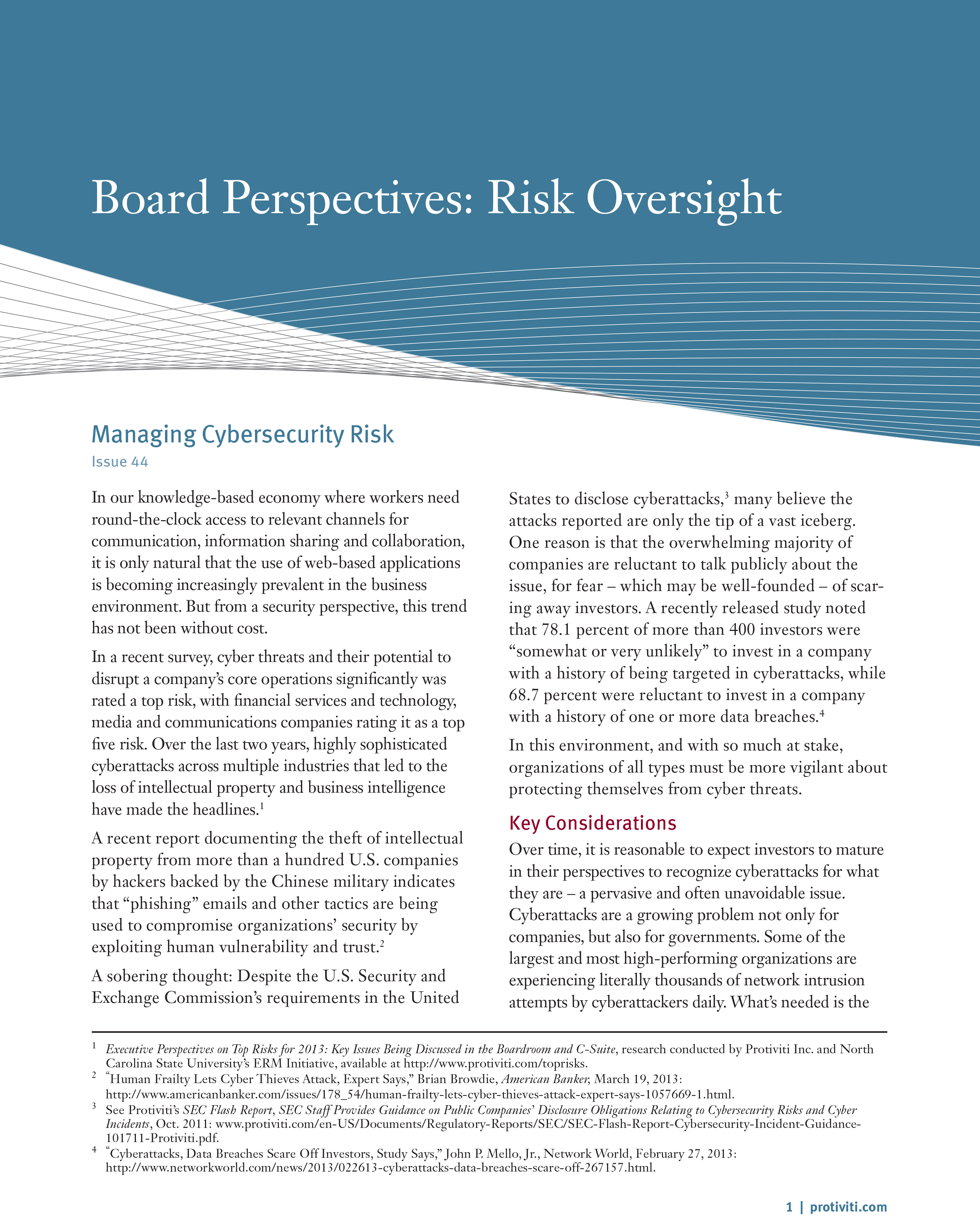 Screenshot of the first page of Managing Cybersecurity Risk