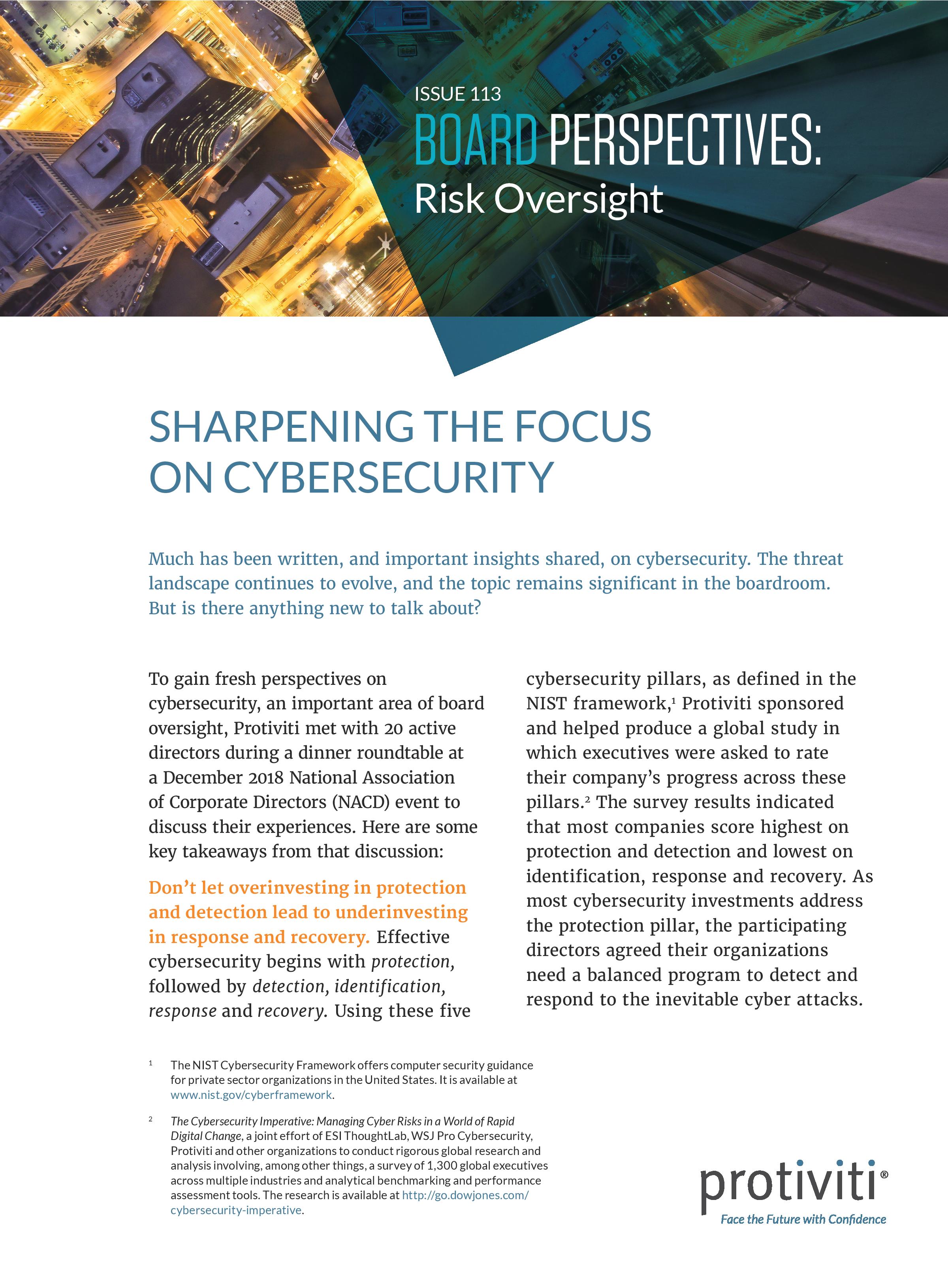 Screenshot of the first page of Sharpening the Focus on Cybersecurity