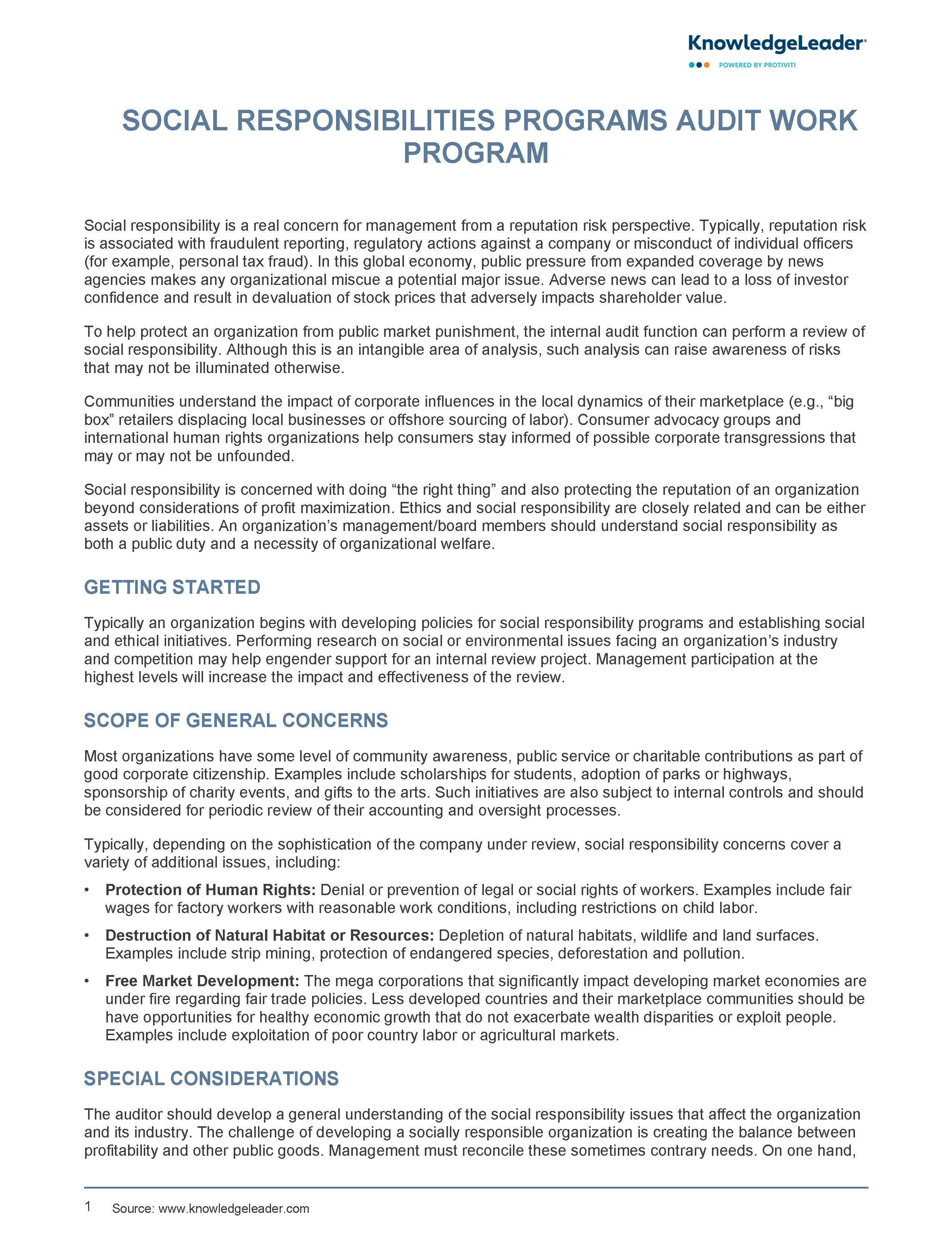 Screenshot of the first page of Social Responsibilities Programs Work Program