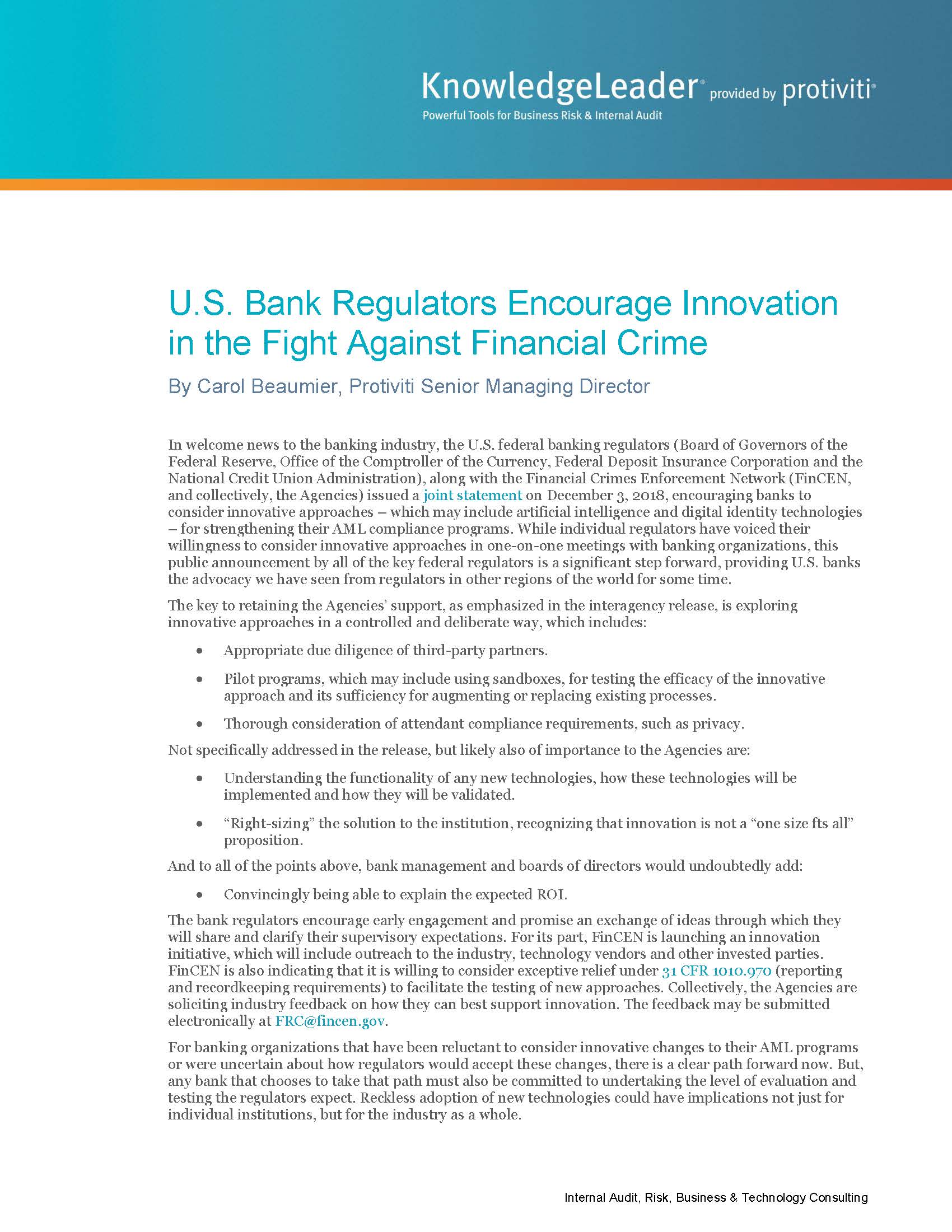 Screenshot of the first page of U.S. Bank Regulators Encourage Innovation in the Fight Against Financial Crime