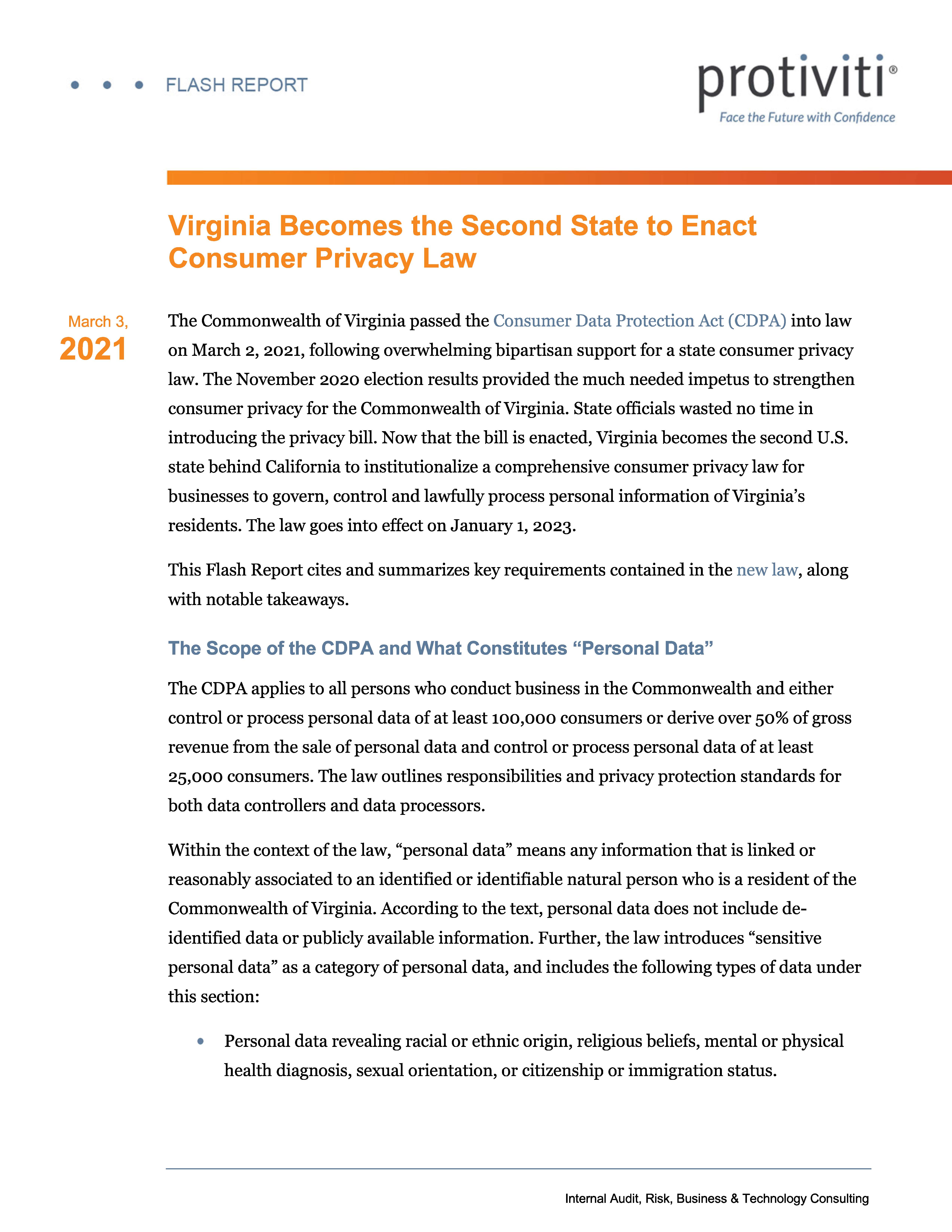 Screenshot of the first page of Virginia Becomes the Second State to Enact Consumer Privacy Law
