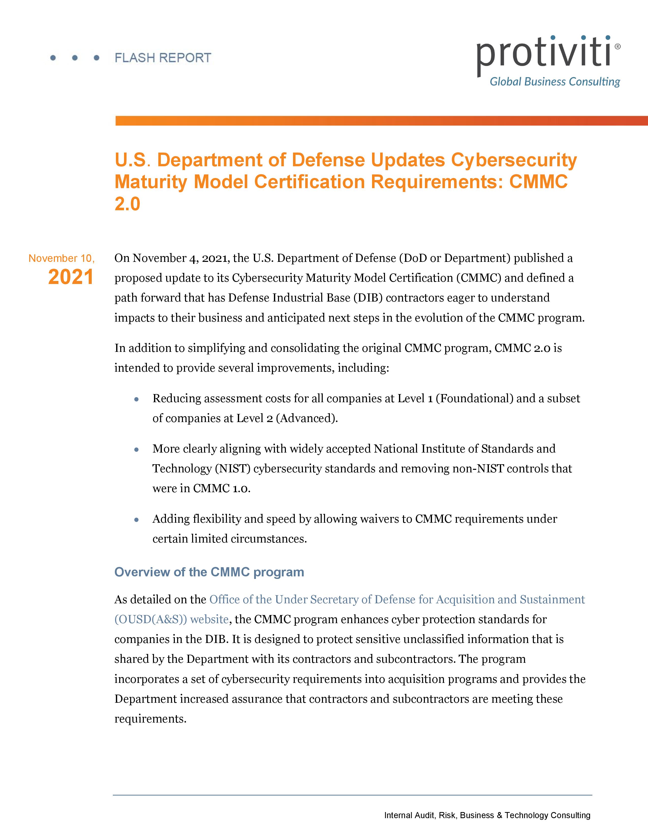 Screenshot of the first page of protiviti-flash-report-cmmc-2.0_0 - U.S. Department of Defense Updates Cybersecurity-page-001