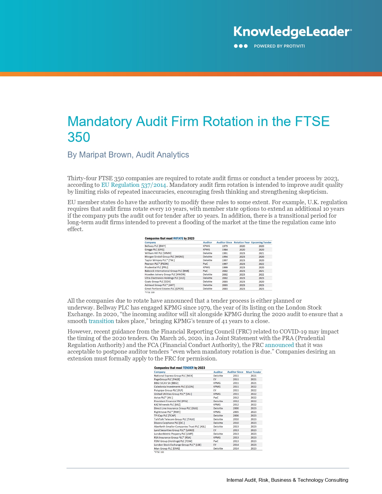 Mandatory Audit Firm Rotation in the FTSE 350
