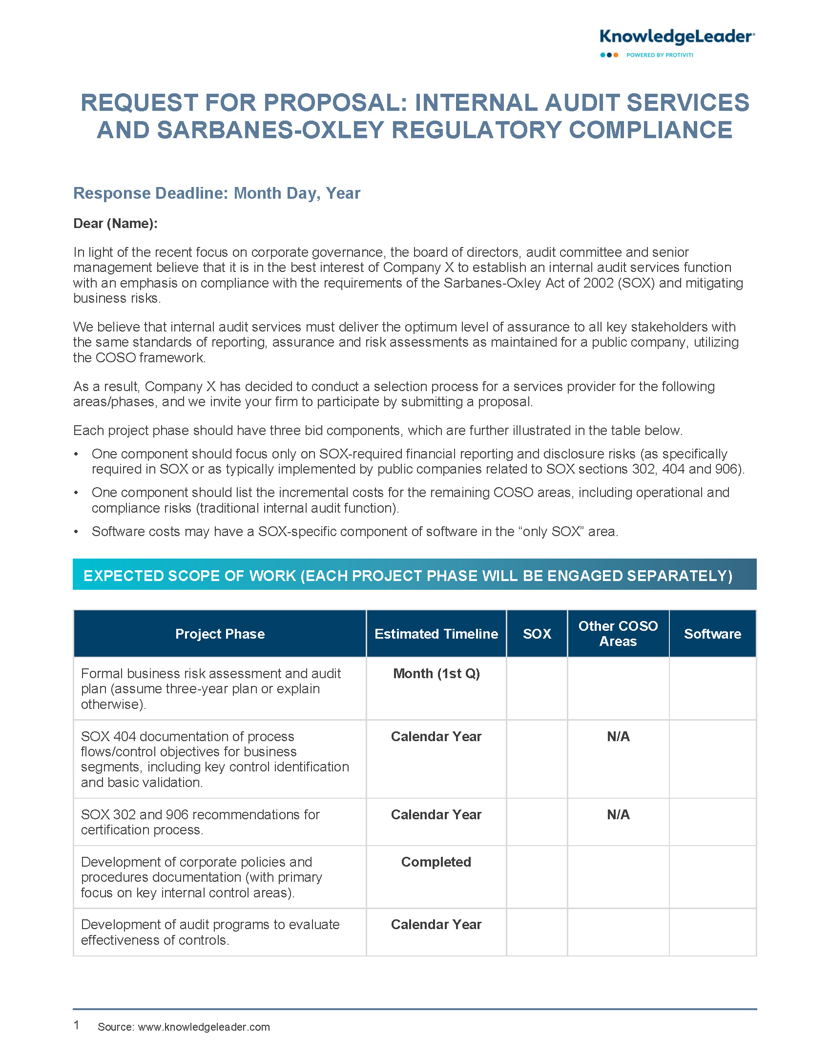 RFP - Internal Audit Services and Sarbanes-Oxley Regulatory Compliance