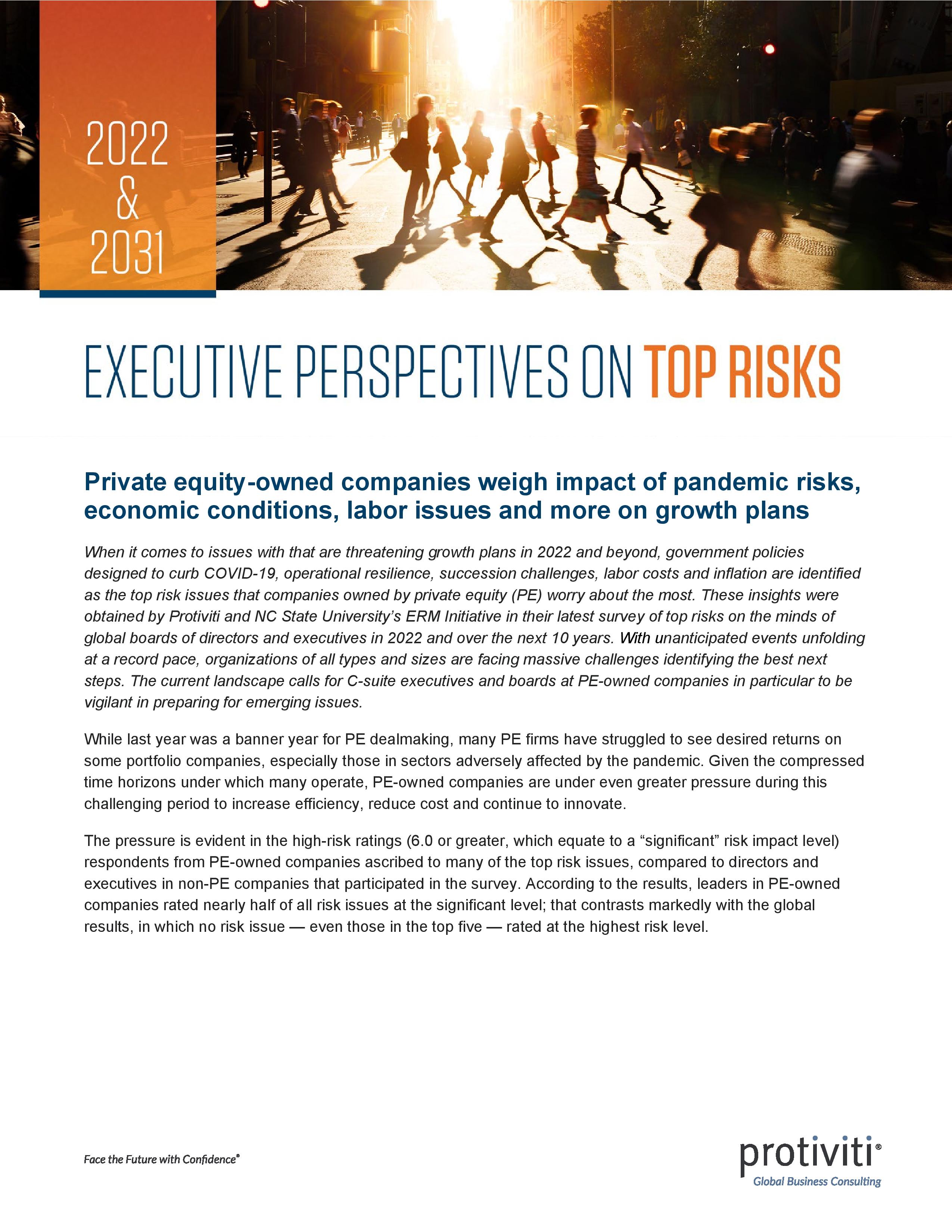 screenshot of the first page of Executive Perspectives on Top Risks in 2021 and 2030 Private-Equity Owned Company Results