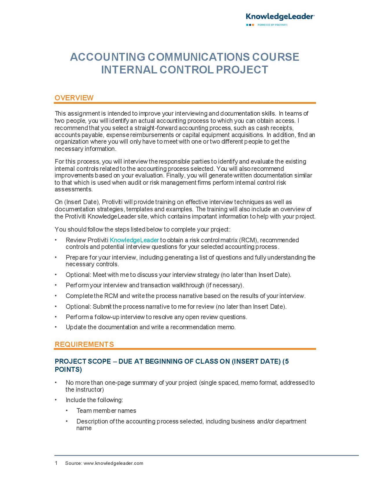 Screenshot of first page of ACCOUNTING COMMUNICATIONS COURSE INTERNAL CONTROL PROJECT