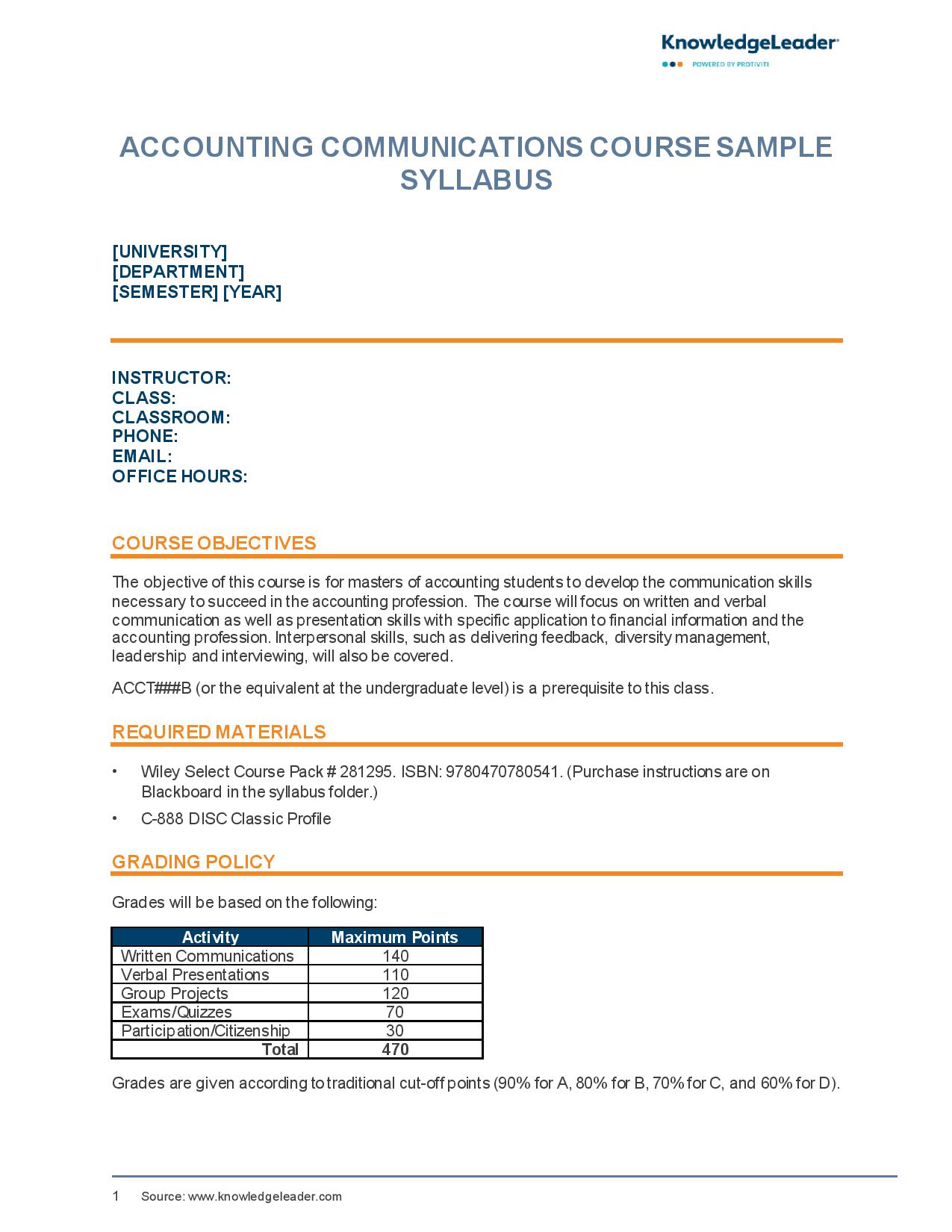 Screenshot of the first page of Accounting Communications Course Sample Syllabus