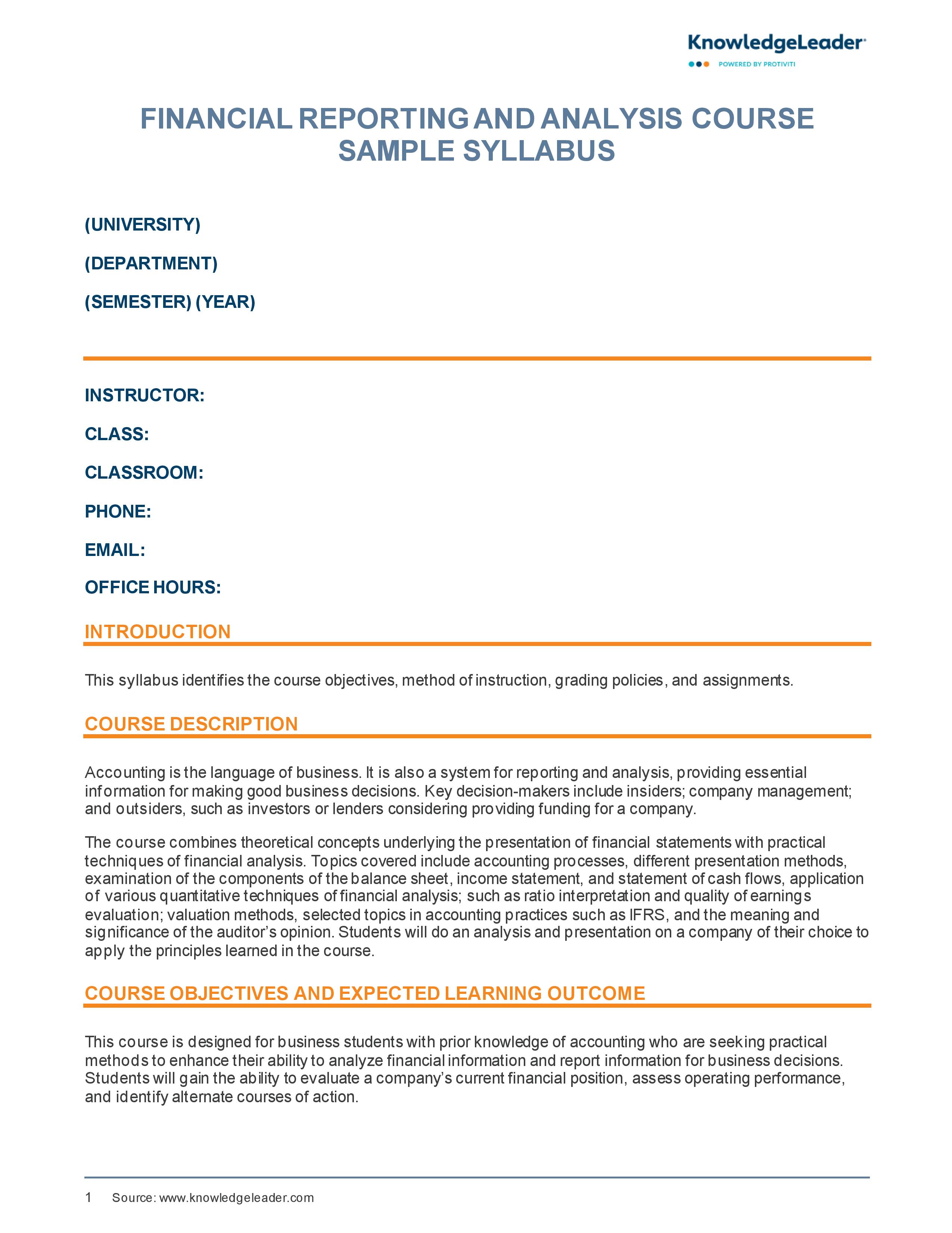 Screenshot of the first page of Financial Reporting & Analysis Sample Syllabus