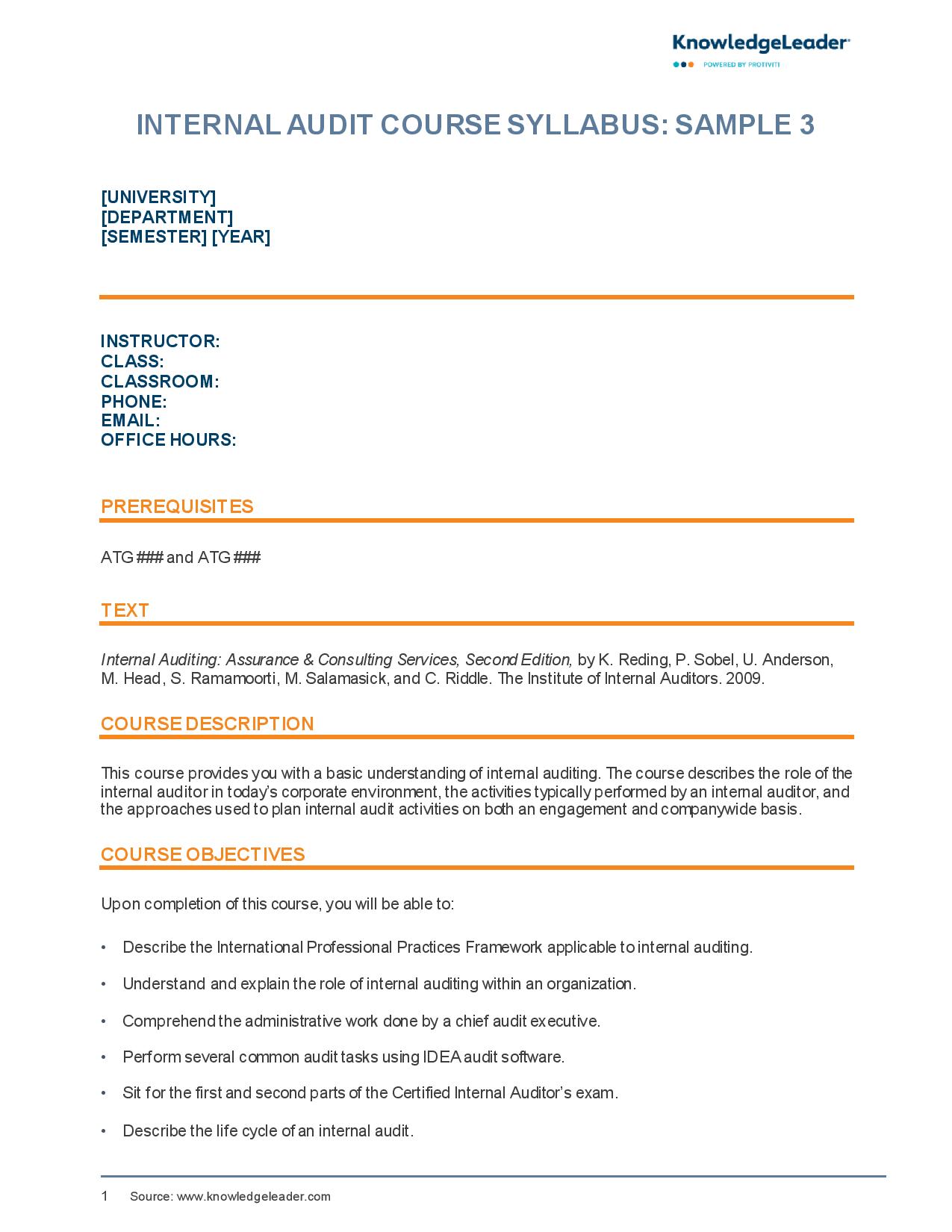 Screenshot of the first page of Internal Audit Course Syllabus Sample 3