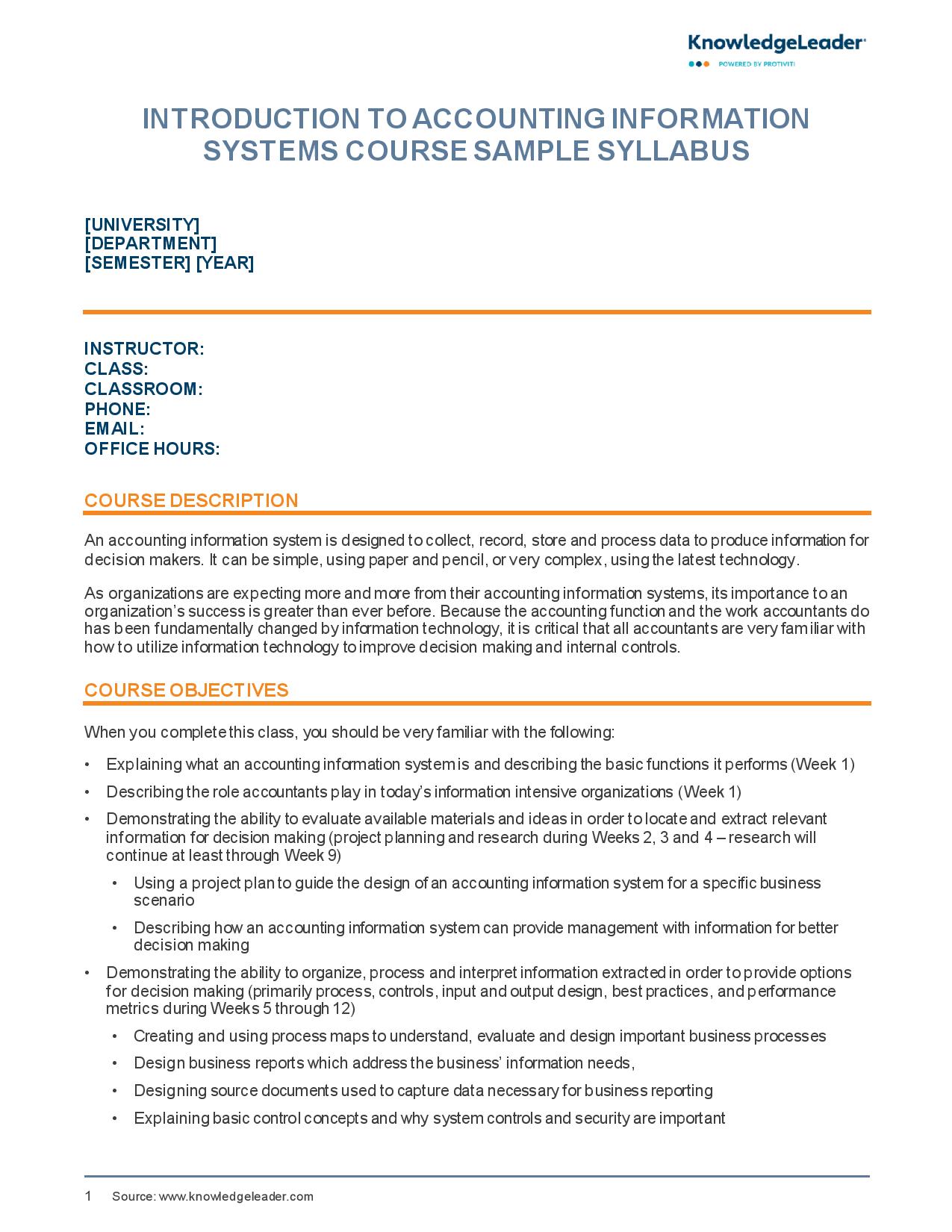 Screenshot of the first page of Introduction to Accounting Information Systems Course Sample Syllabus