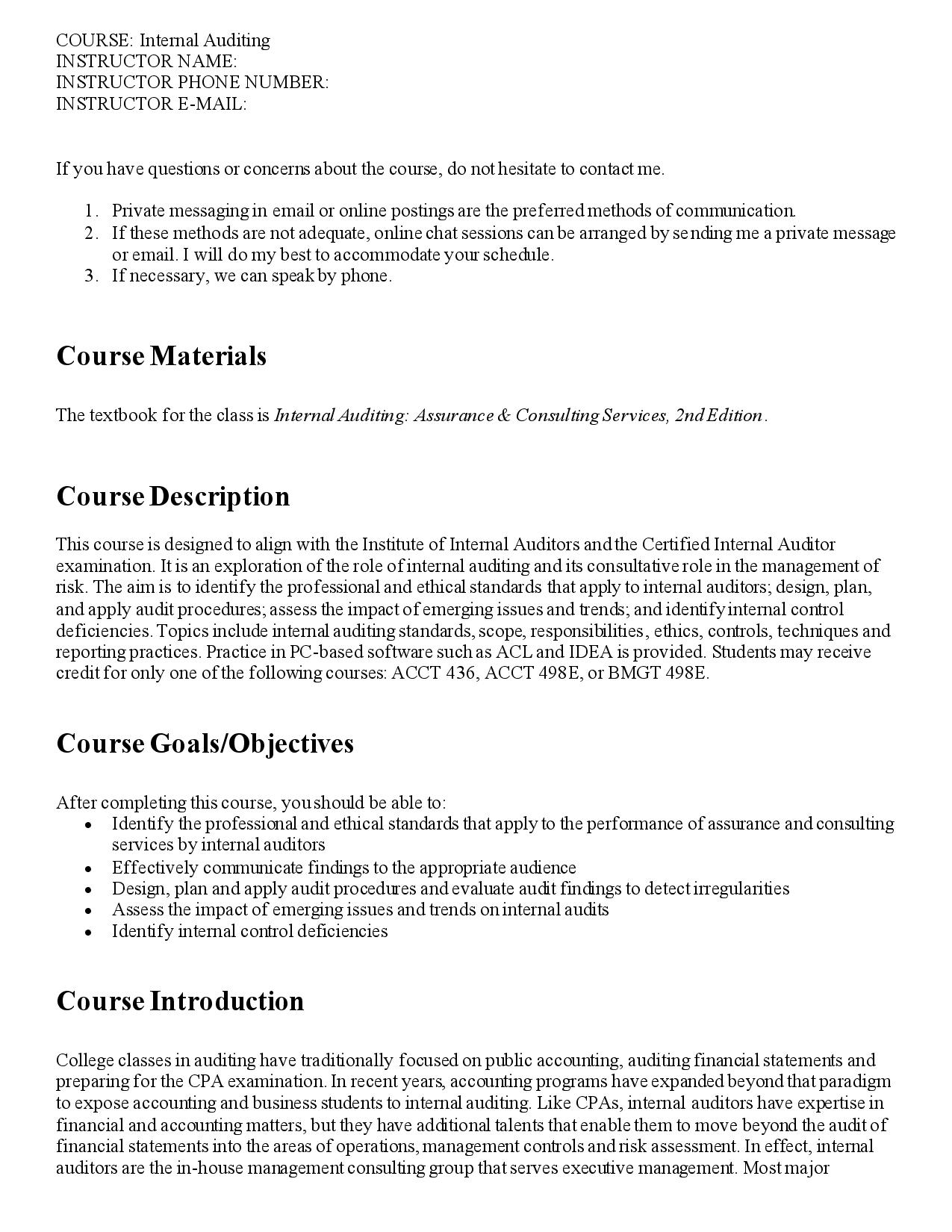 Screenshot of the first page of Introduction to Internal Auditing (Sample Syllabus)