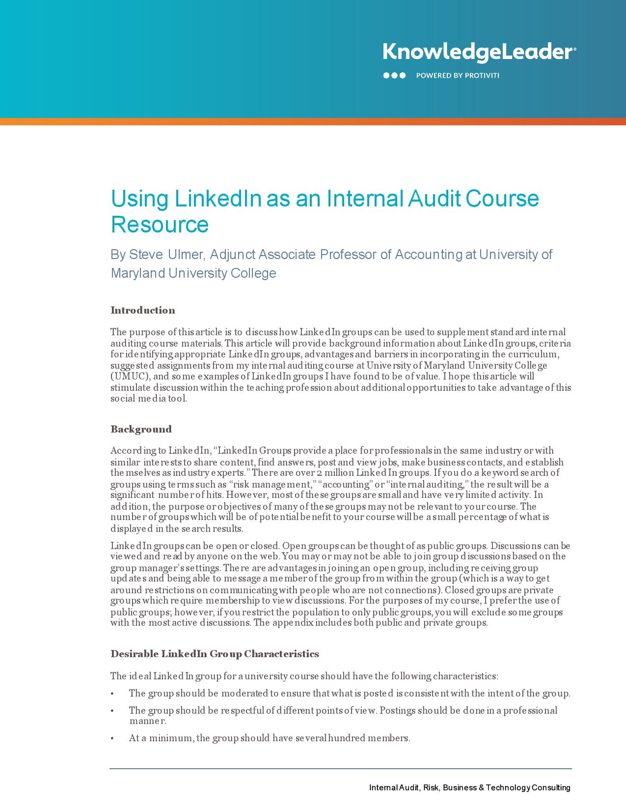 Screenshot of the first page of Using LinkedIn as an Internal Audit Course Resource