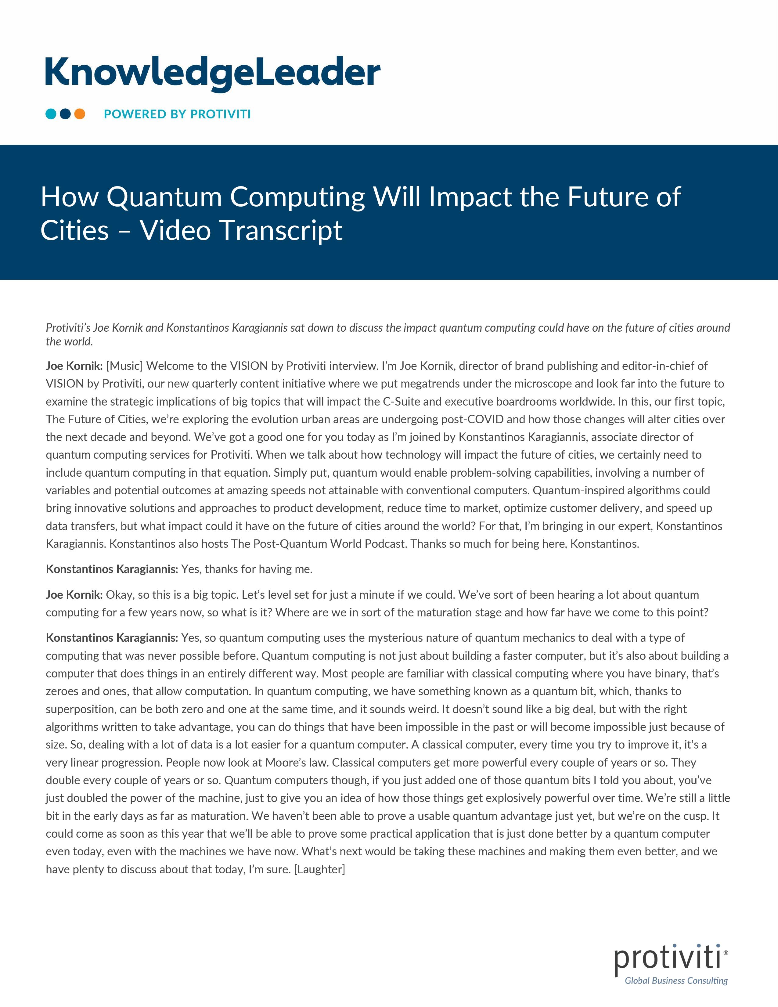 screenshot of the first page of How Quantum Computing Will Impact the Future of Cities – Video Transcript