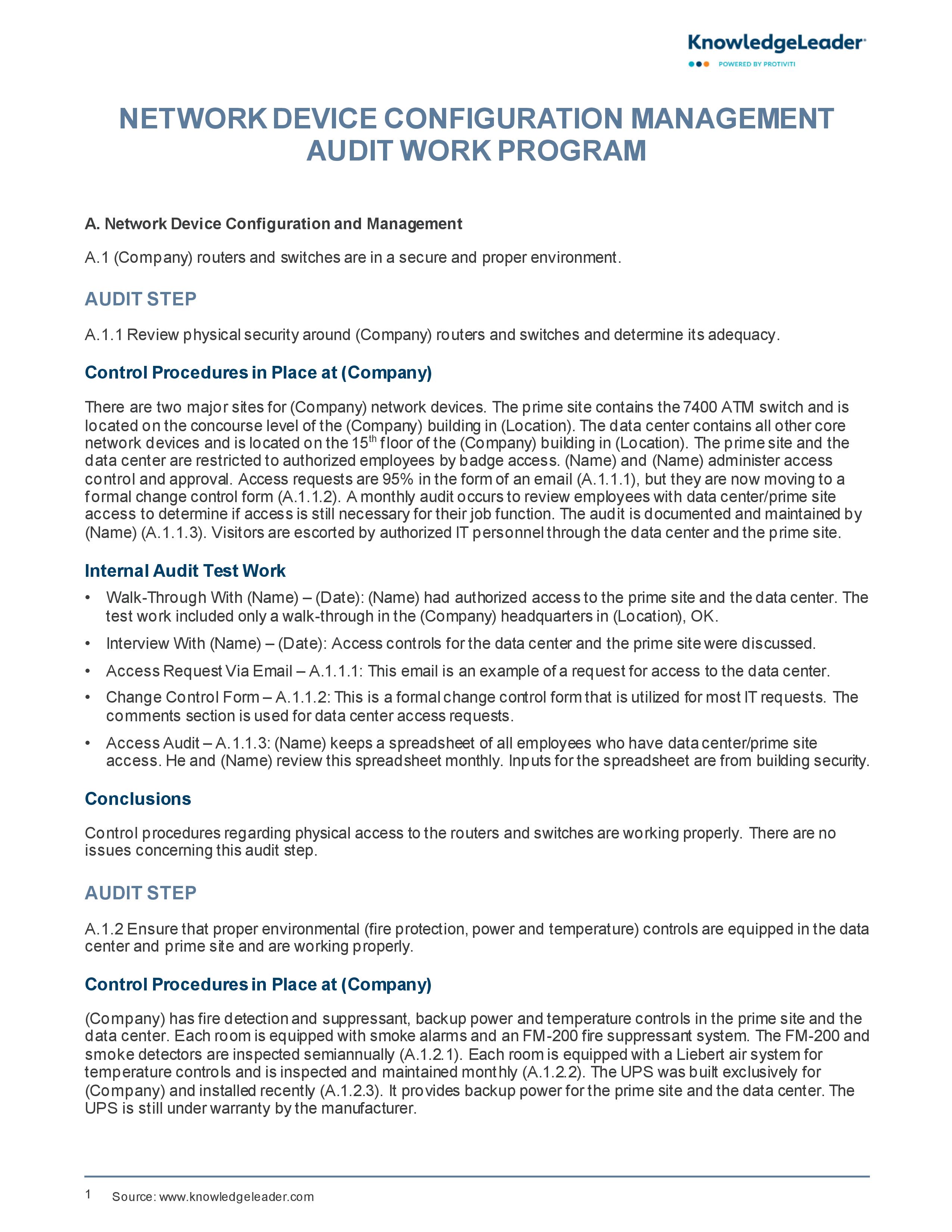 Screenshot of the first page of Network Device Configuration Management Audit Work Program