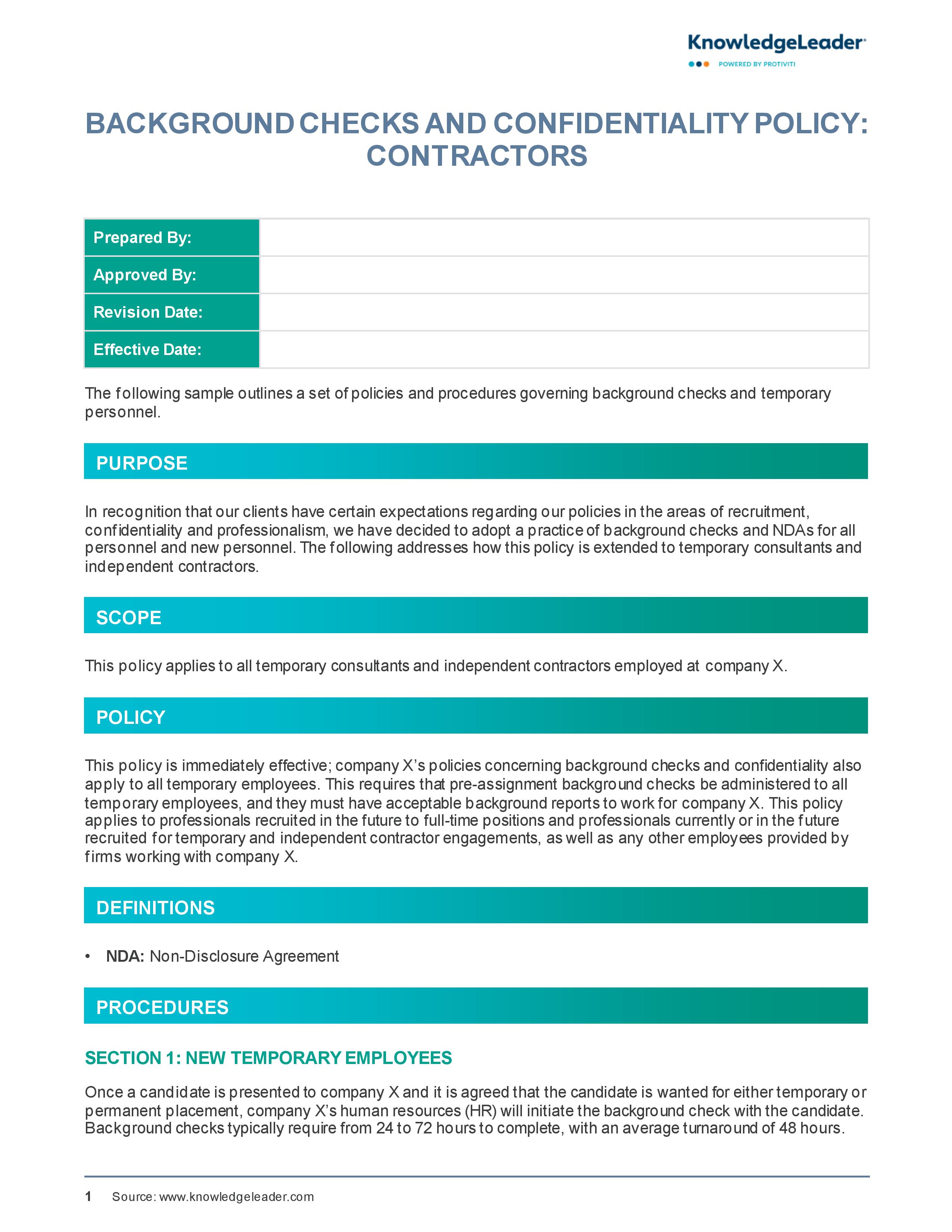 Screenshot of the first page of Background Checks and Confidentiality Policy - Contractors