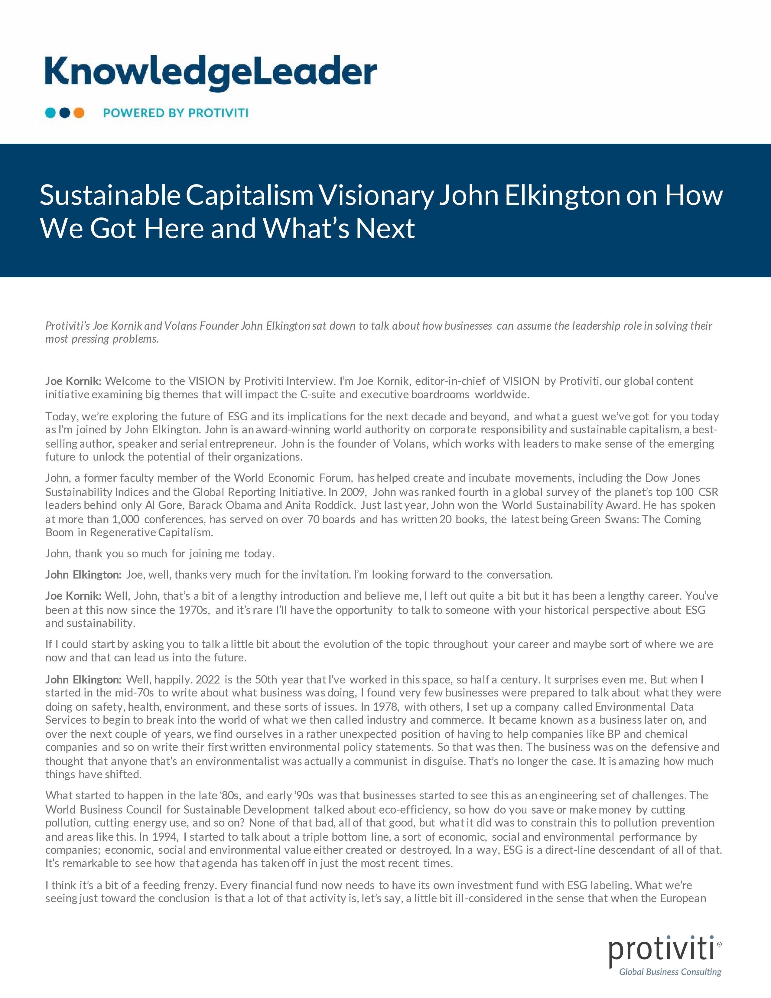 Screenshot of the First Page of Sustainable Capitalism Visionary John Elkington on How We Got Here and What’s Next