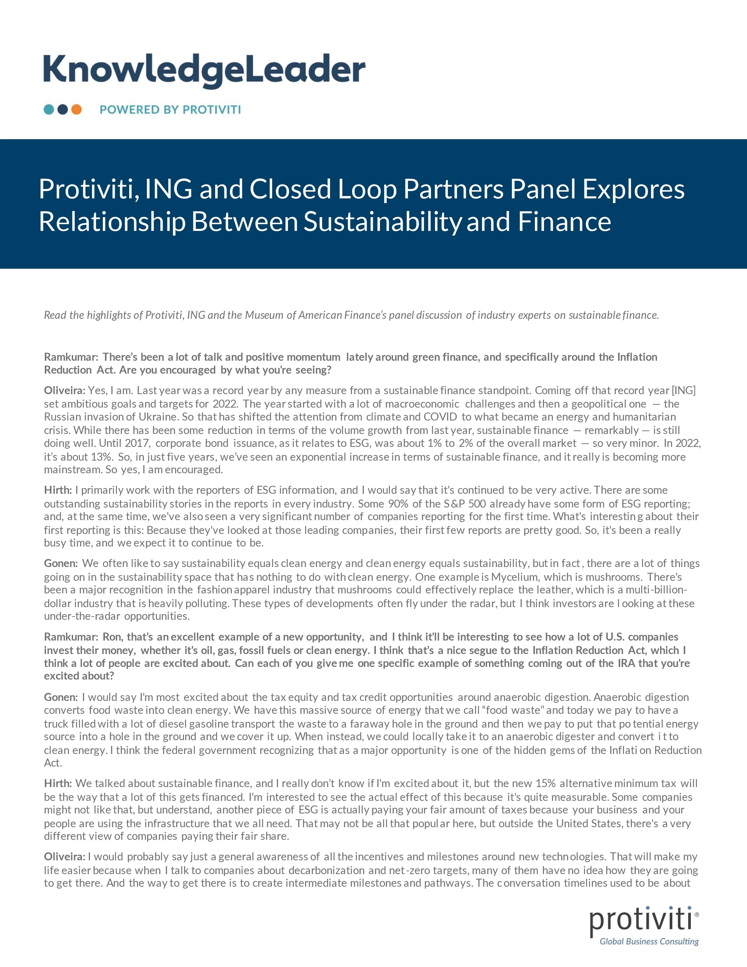 Screenshot of the first page of Protiviti, ING and Closed Loop Partners Panel Explores Relationship Between Sustainability and Finance