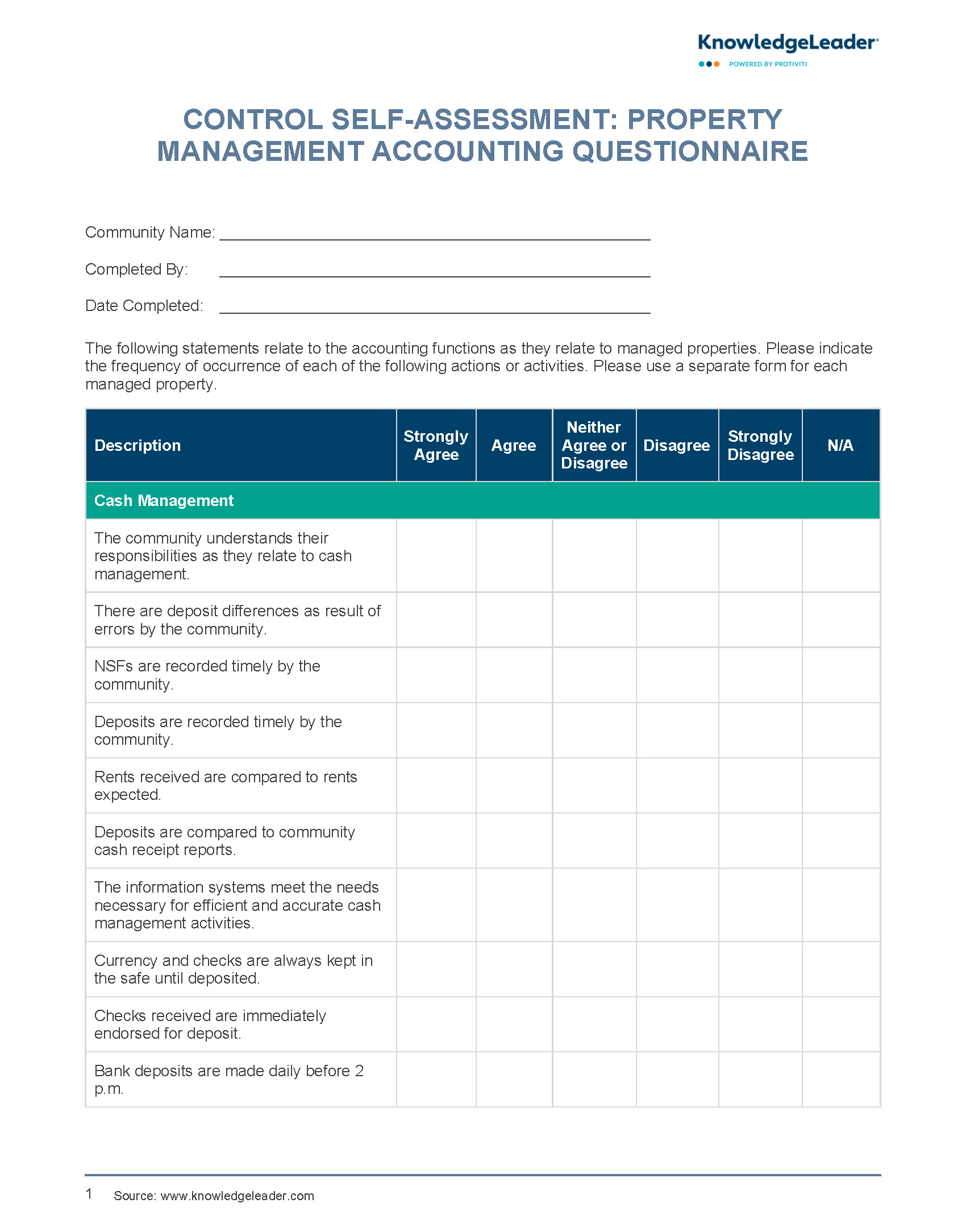Screenshot of the first page of Control Self-Assessment - Property Management Accounting Questionnaire