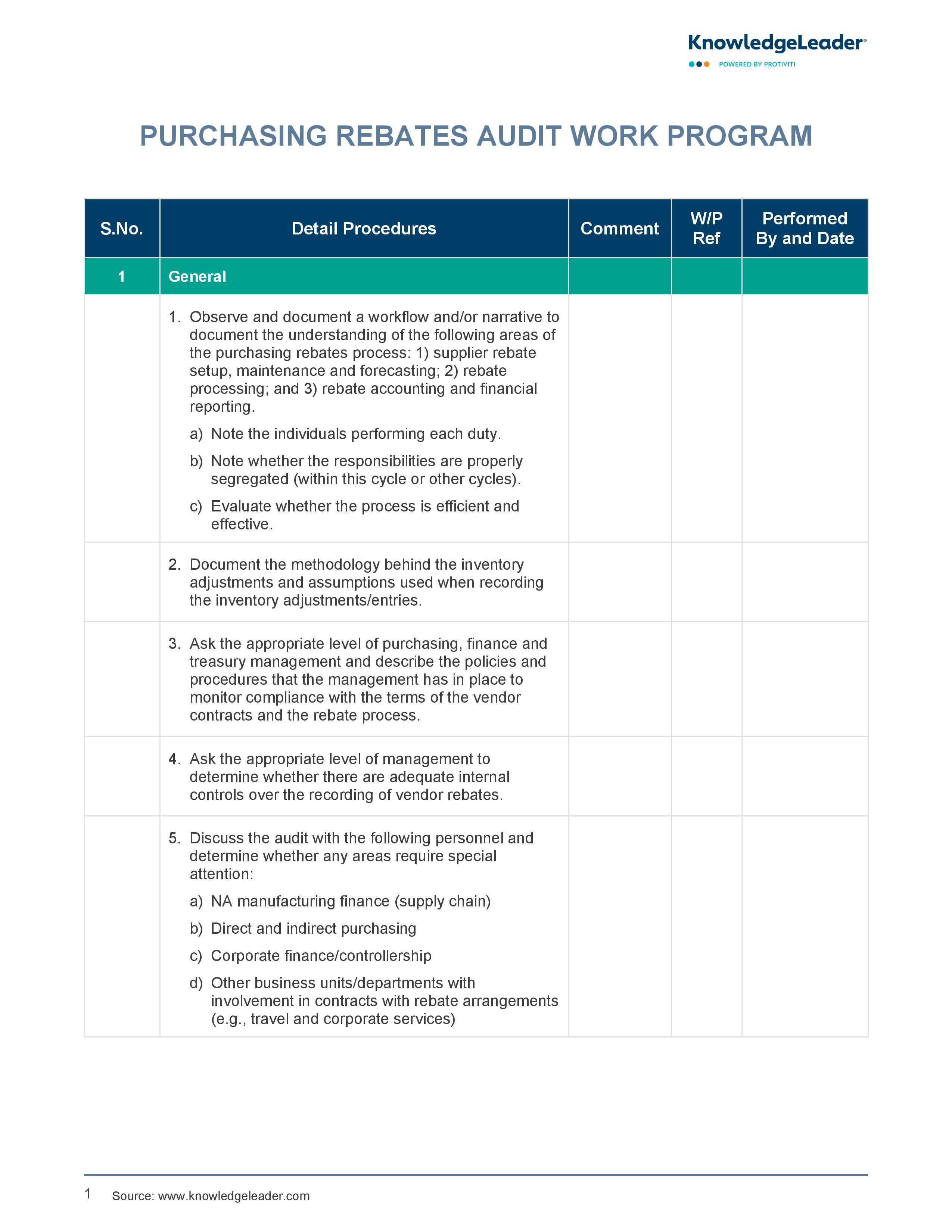 Screenshot of the first page of Purchasing Rebates Audit Work Program