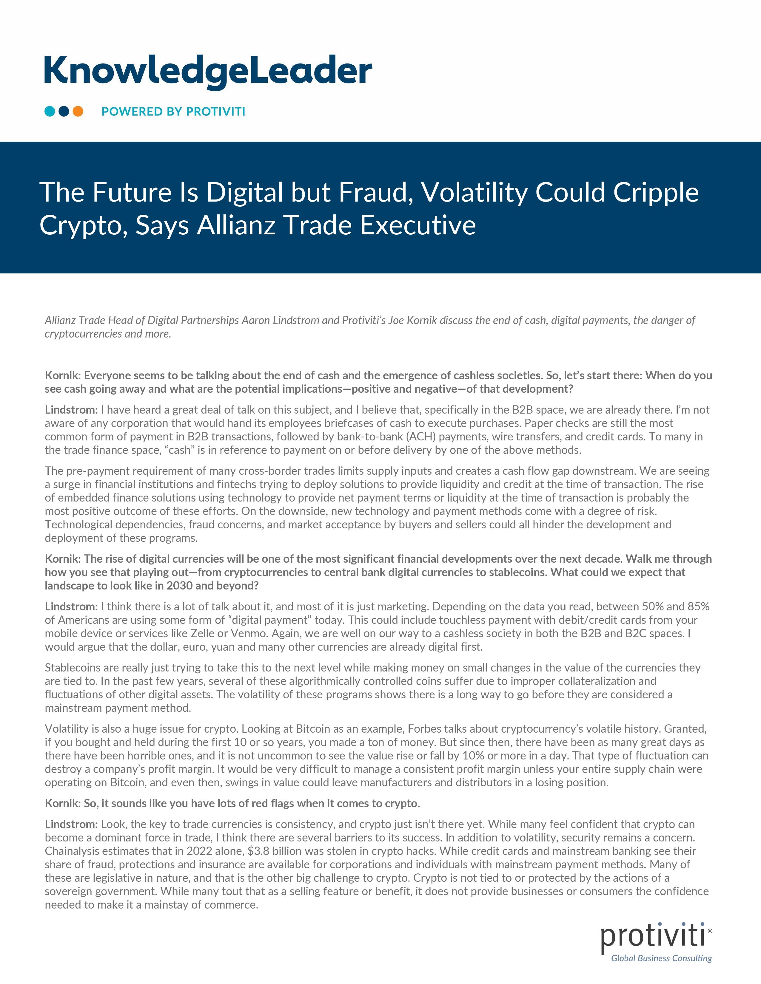 screenshot of the first page of The Future Is Digital but Fraud, Volatility Could Cripple Crypto, Says Allianz Trade Executive
