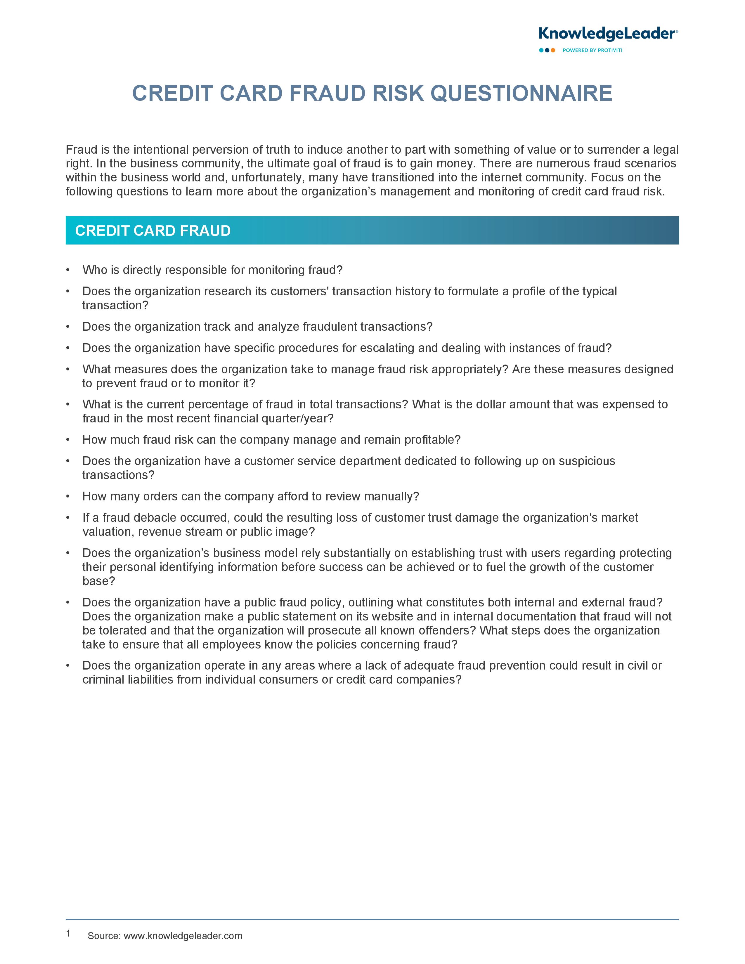screenshot of the first page of Credit Card Fraud Risk Questionnaire