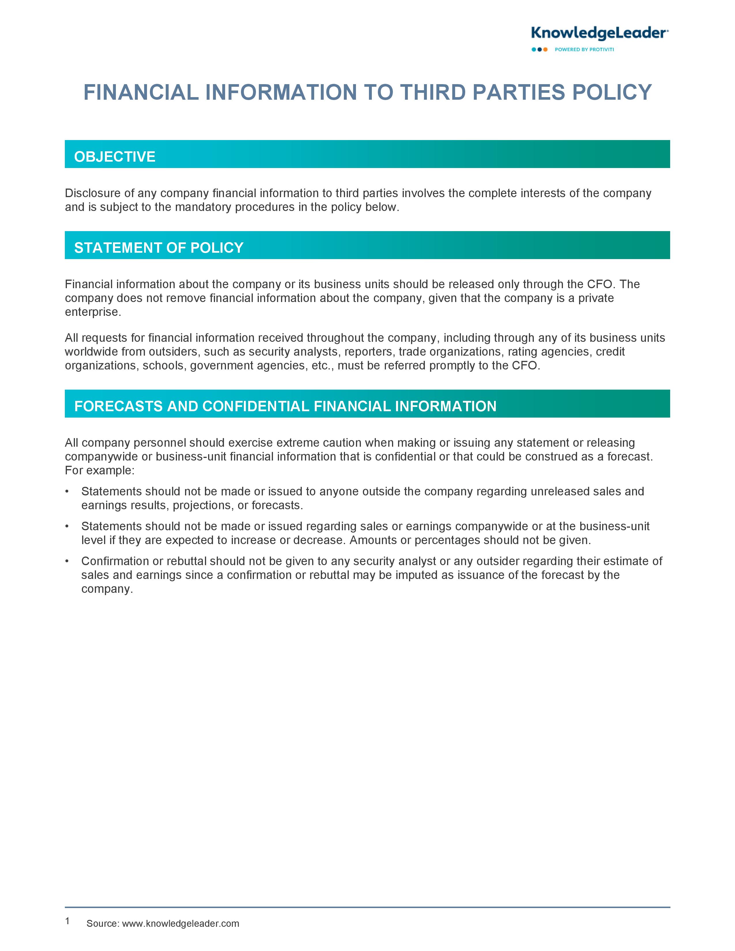 Screenshot of the first page of Financial Information to Third Parties Policy