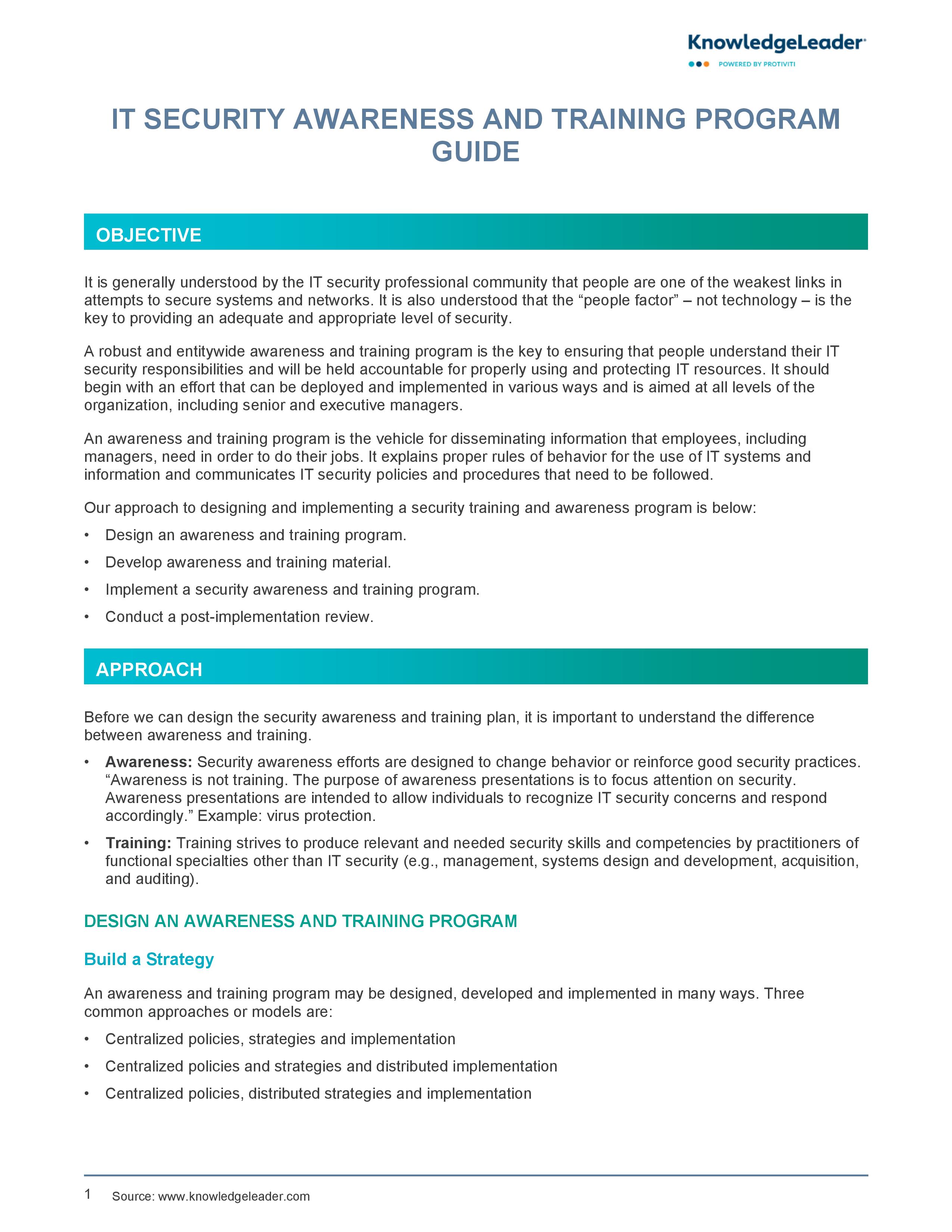 Screenshot of the first page of IT Security Awareness and Training Program Guide