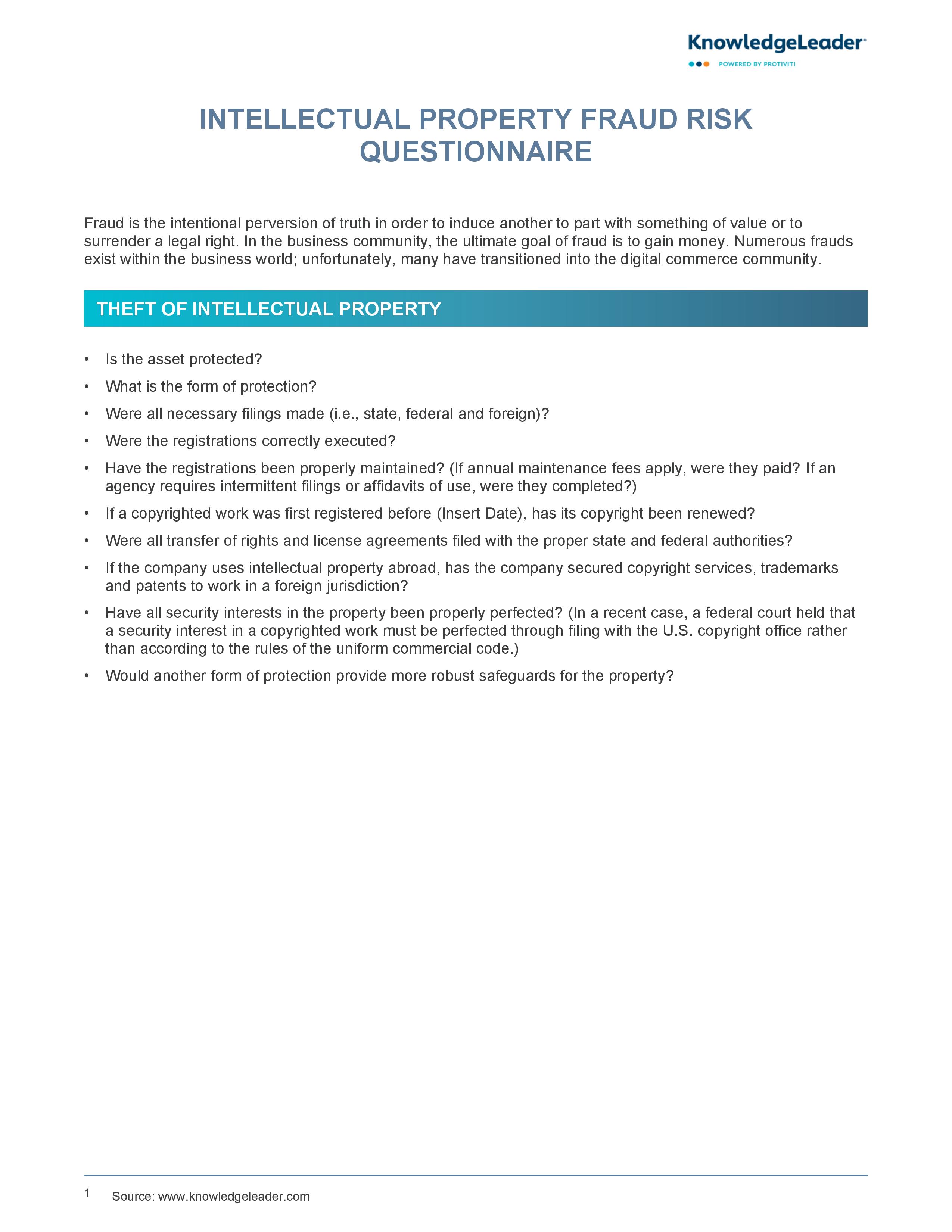 Screenshot of the first page of Intellectual Property Fraud Risk Questionnaire