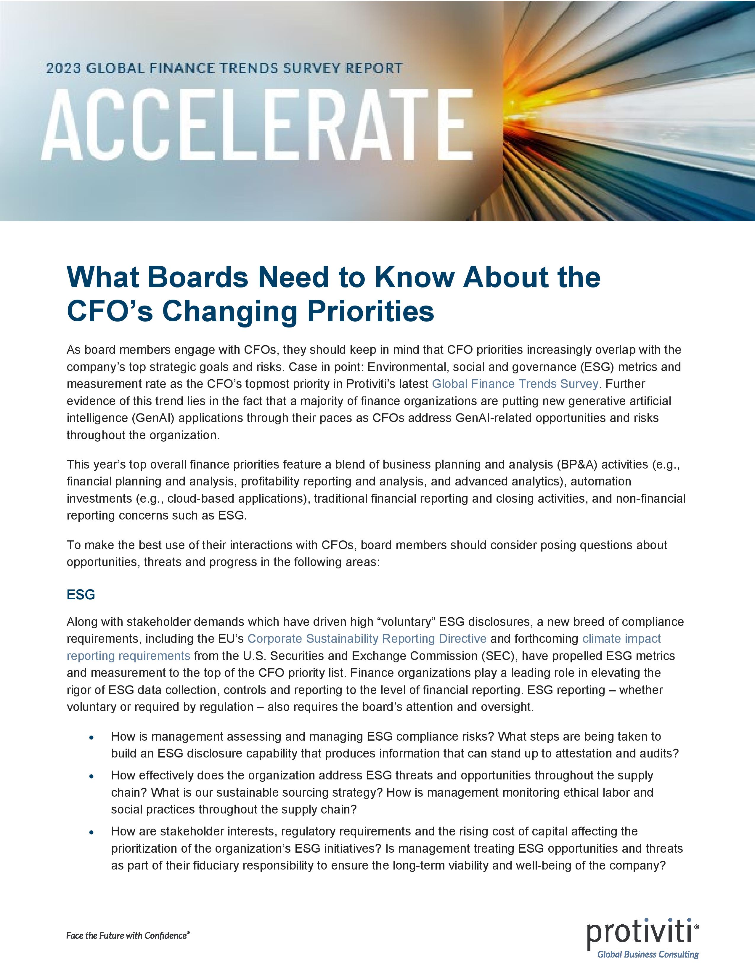 screenshot of the first page of What Boards Need to Know About the CFO’s Changing Priorities