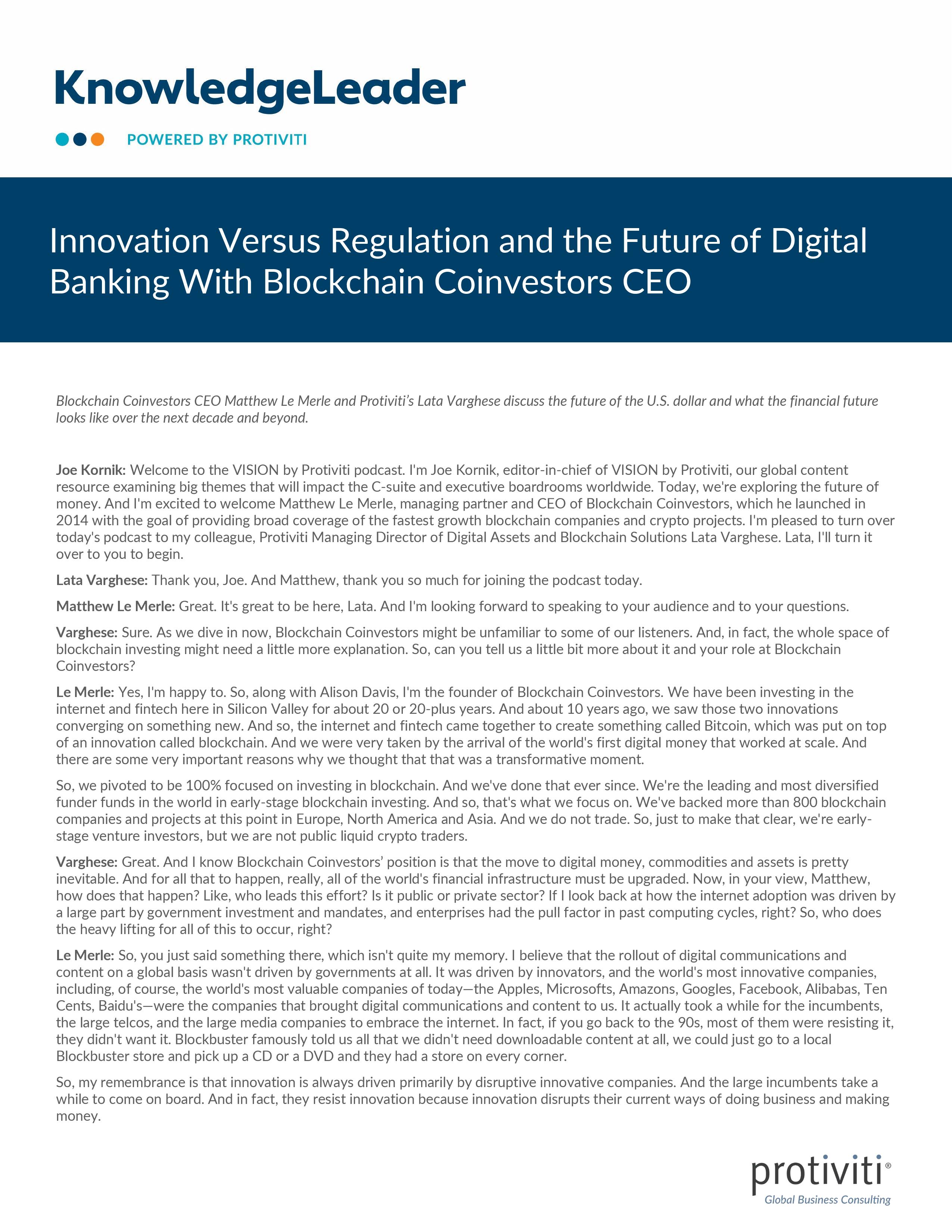 screenshot of the first page of Innovation Versus Regulation and the Future of Digital Banking With Blockchain Coinvestors CEO