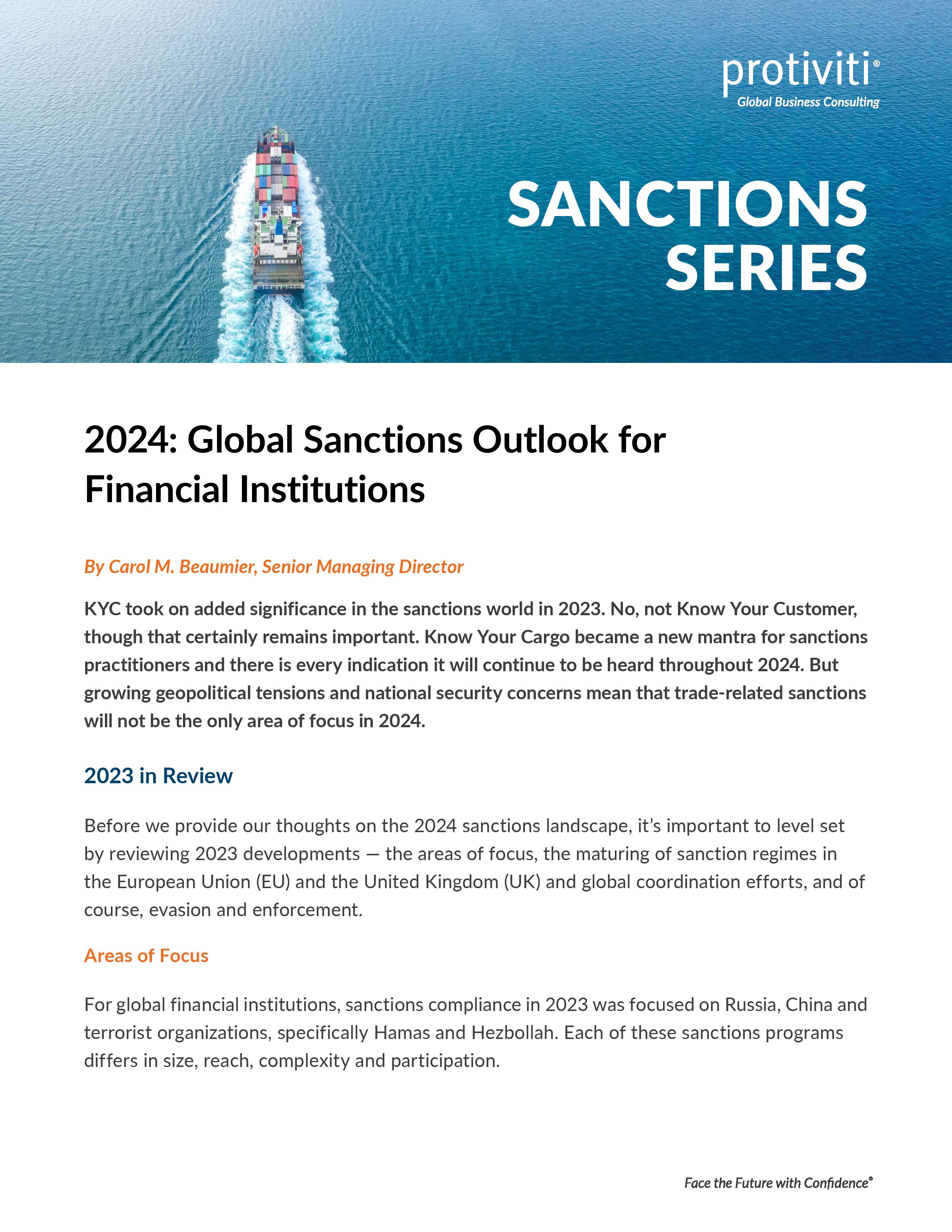 screenshot of the first page of 2024 Global Sanctions Outlook for Financial Institutions
