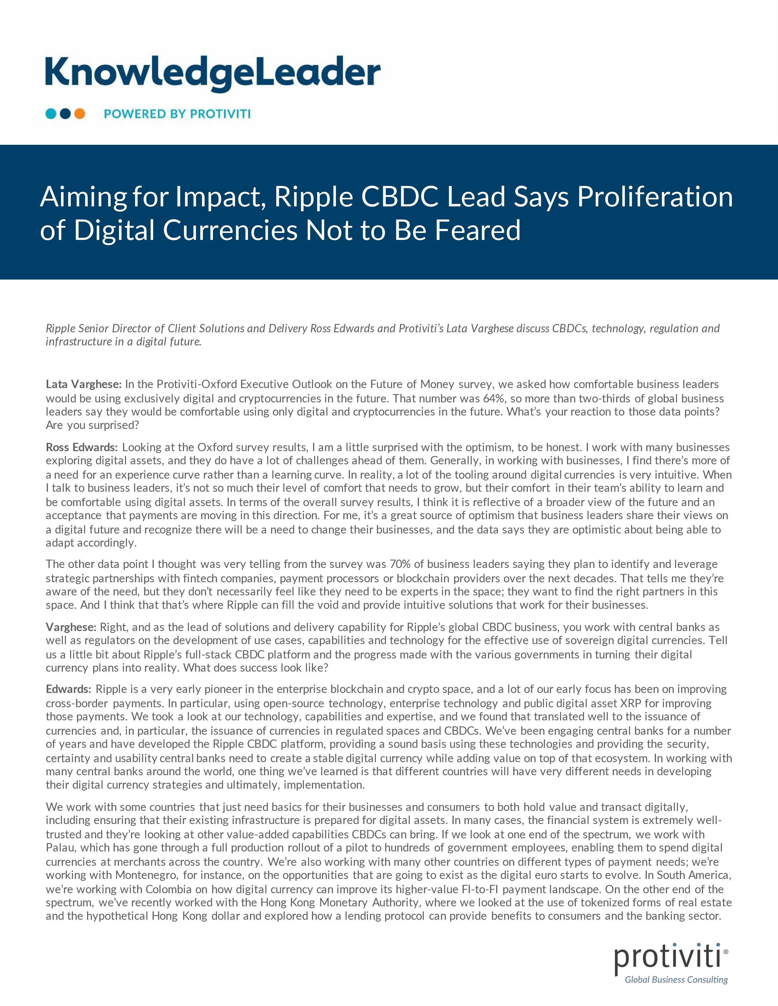 screenshot of the first page of Aiming for Impact, Ripple CBDC Lead Says Proliferation of Digital Currencies Not to Be Feared