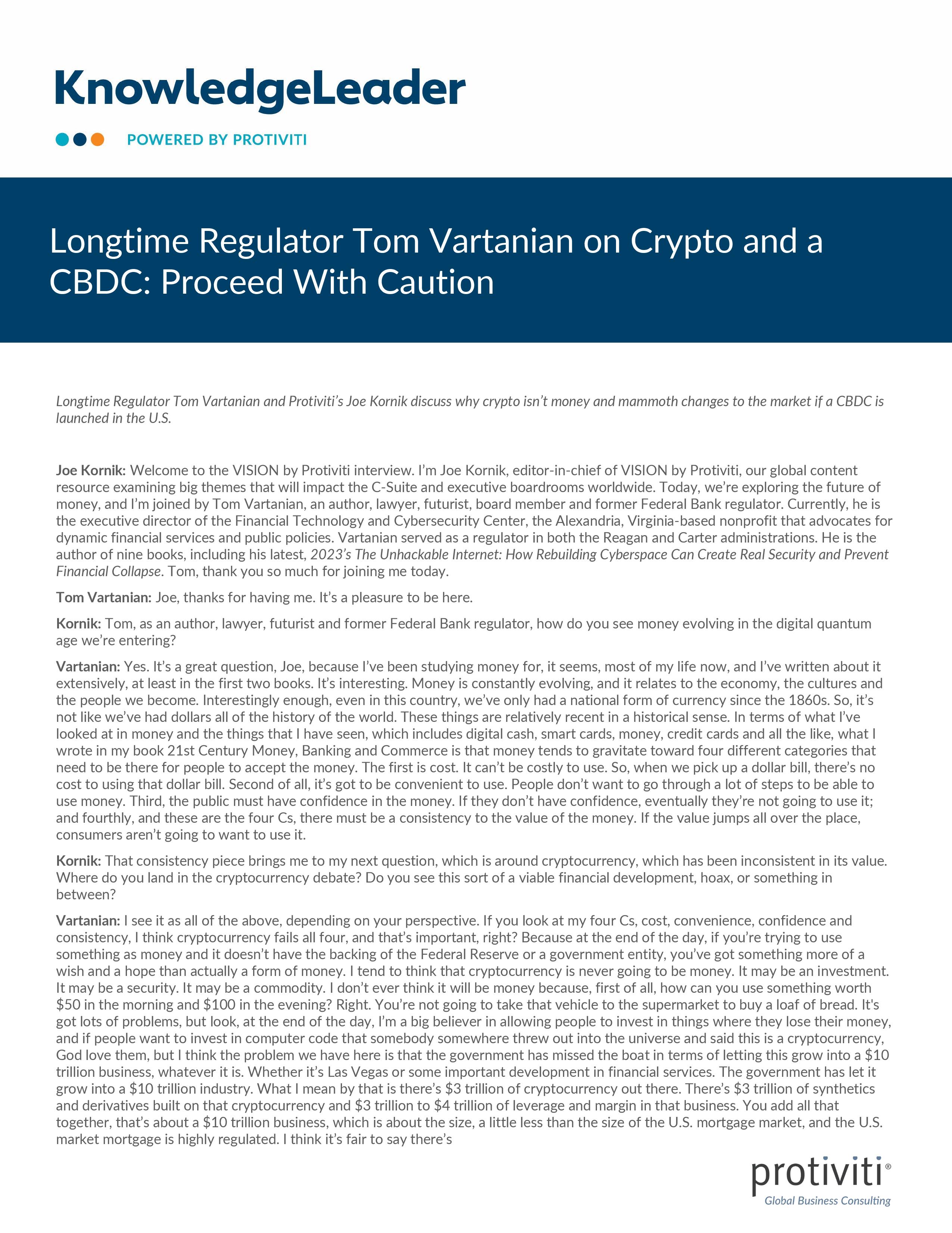 screenshot of the first page of Longtime Regulator Tom Vartanian on Crypto and a CBDC Proceed With Caution