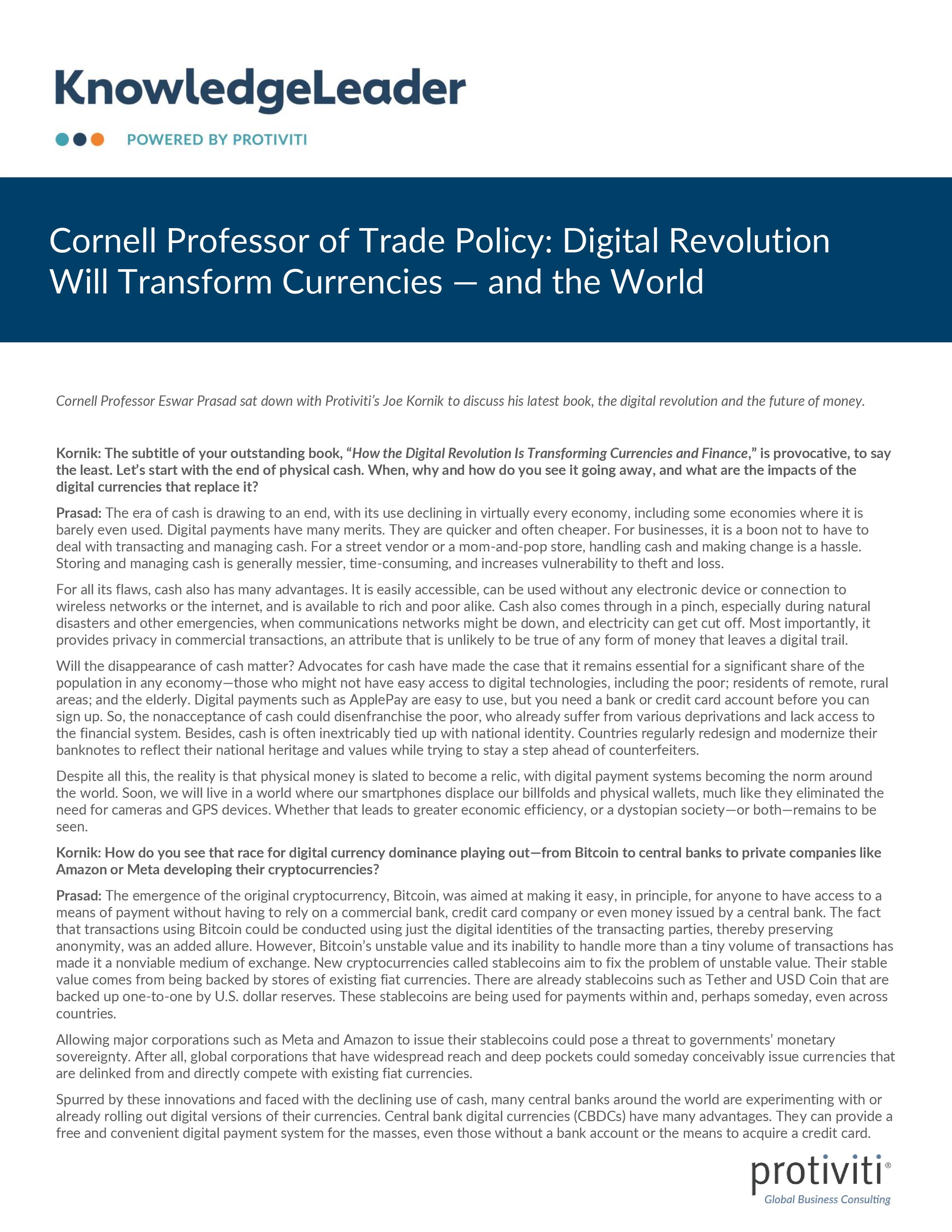Screenshot of the first page of Cornell Professor of Trade Policy Digital Revolution Will Transform Currencies—and the World