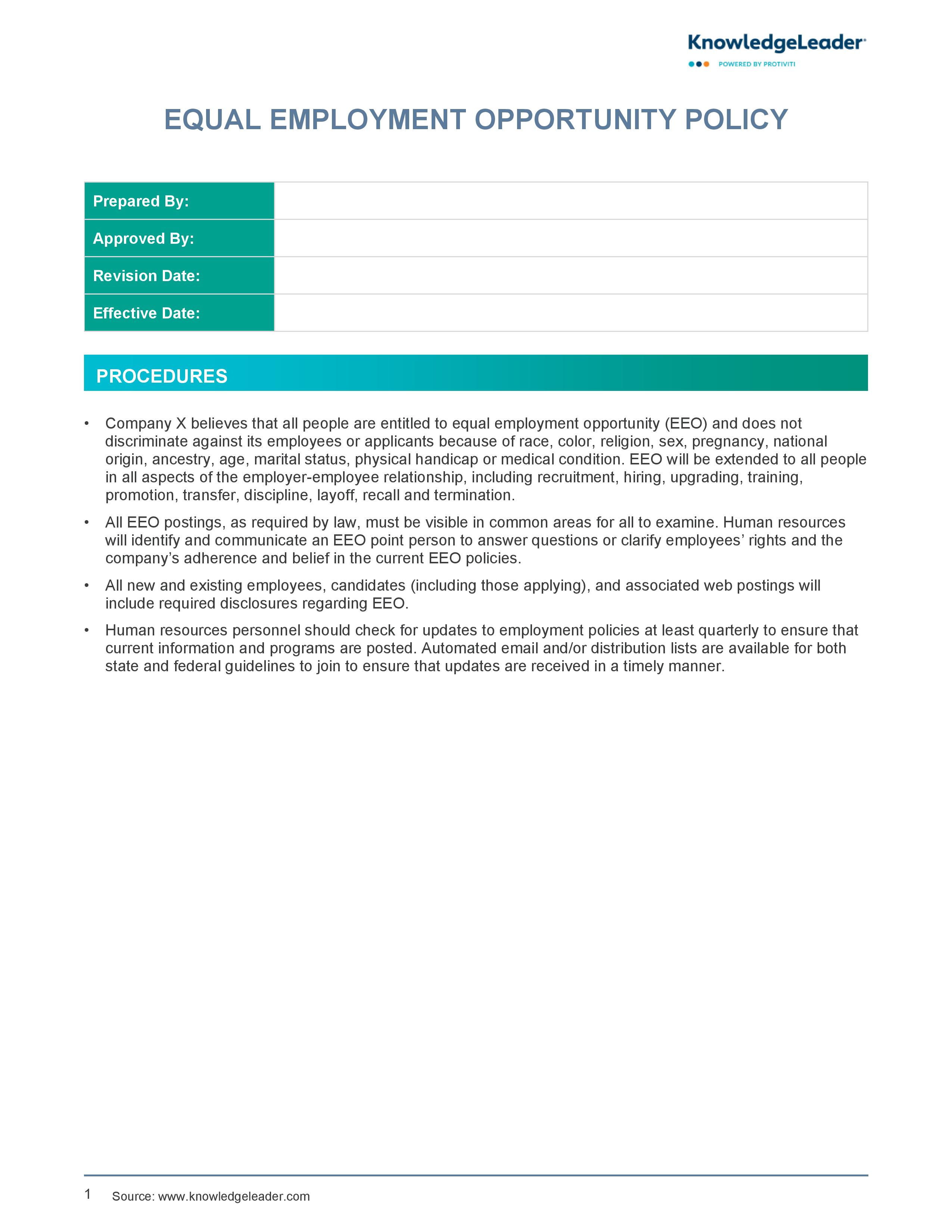 Screenshot of the first page of Equal Employment Opportunity Policy