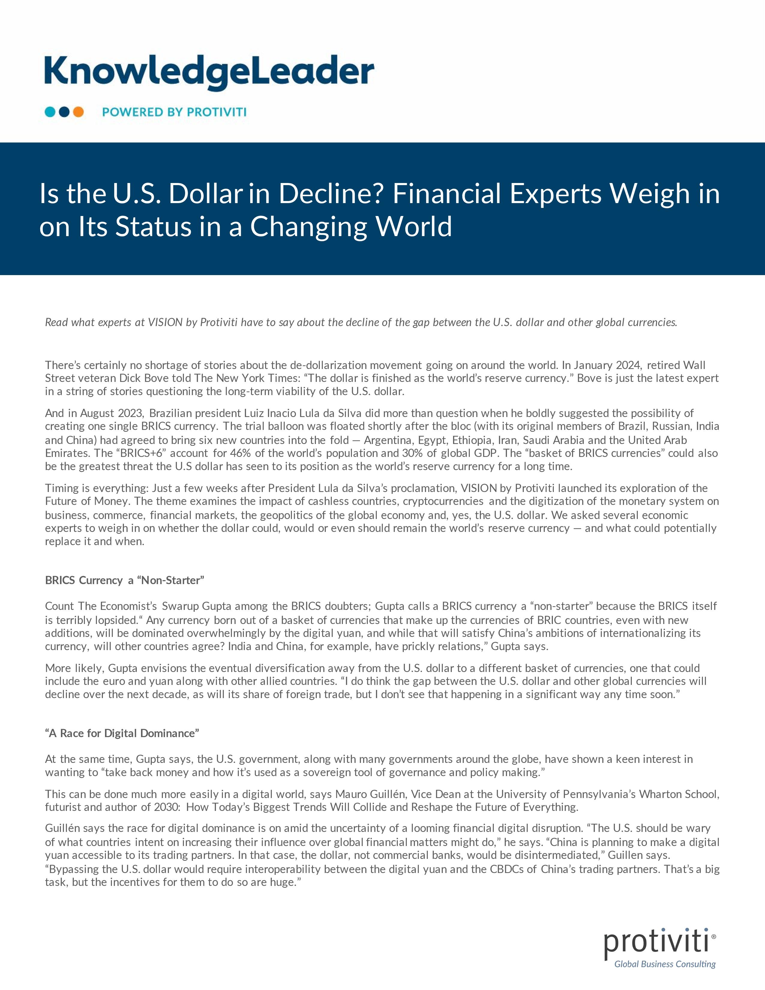 screenshot of the first page of Is the U.S. Dollar in Decline Financial Experts Weigh in on Its Status in a Changing World