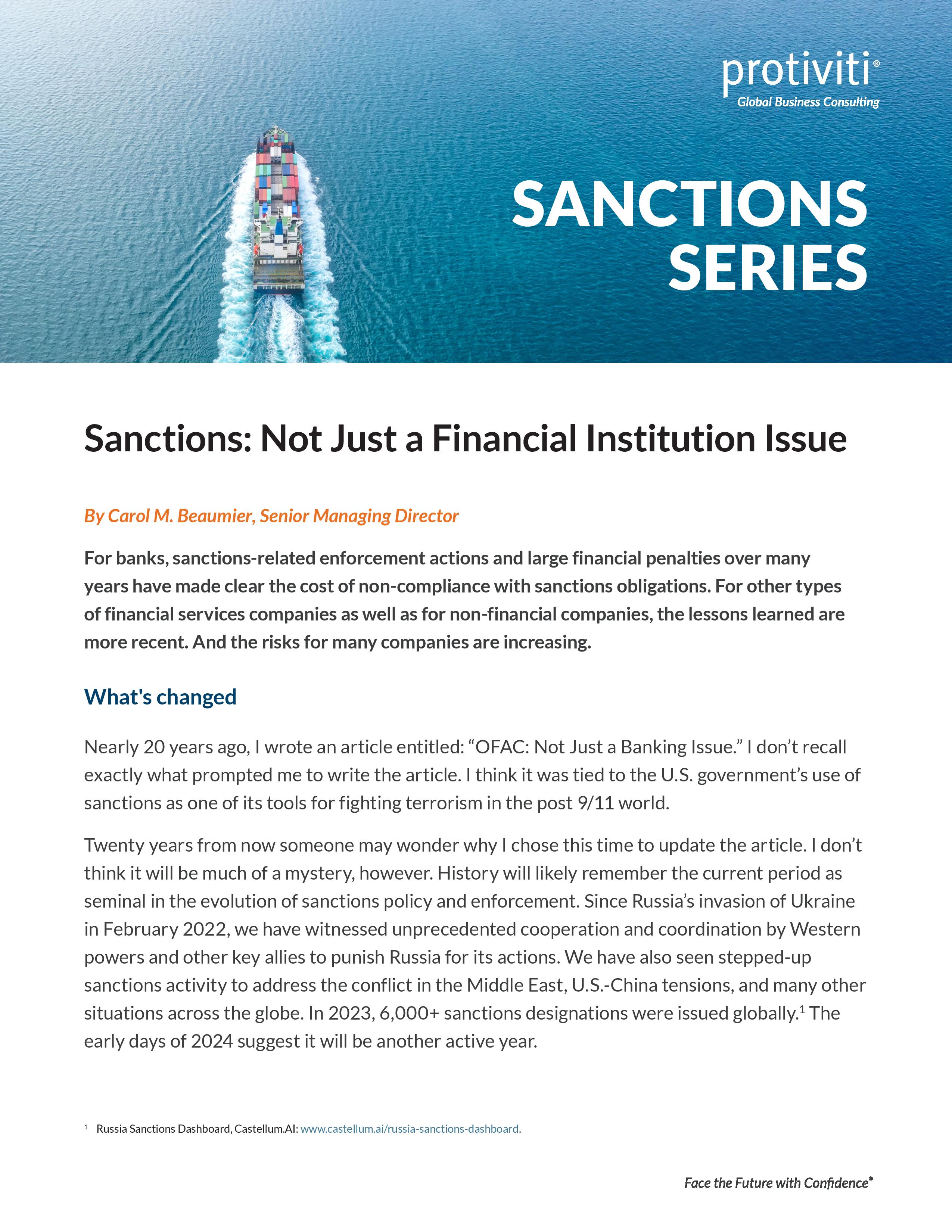 Screenshot of the first page of Sanctions Not Just a Financial Institution Issue