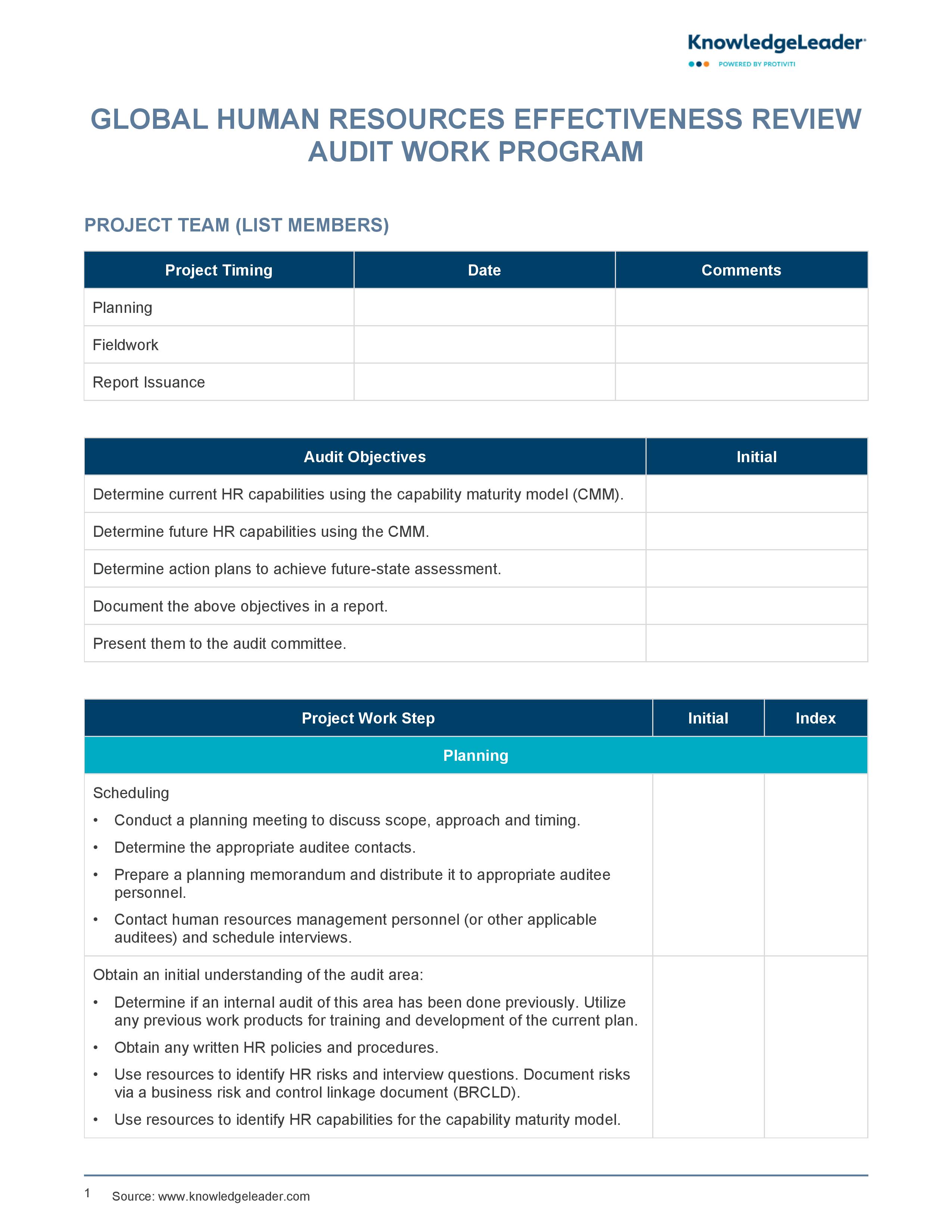 Screenshot of the first page of Global Human Resources Effectiveness Review Audit Work Program