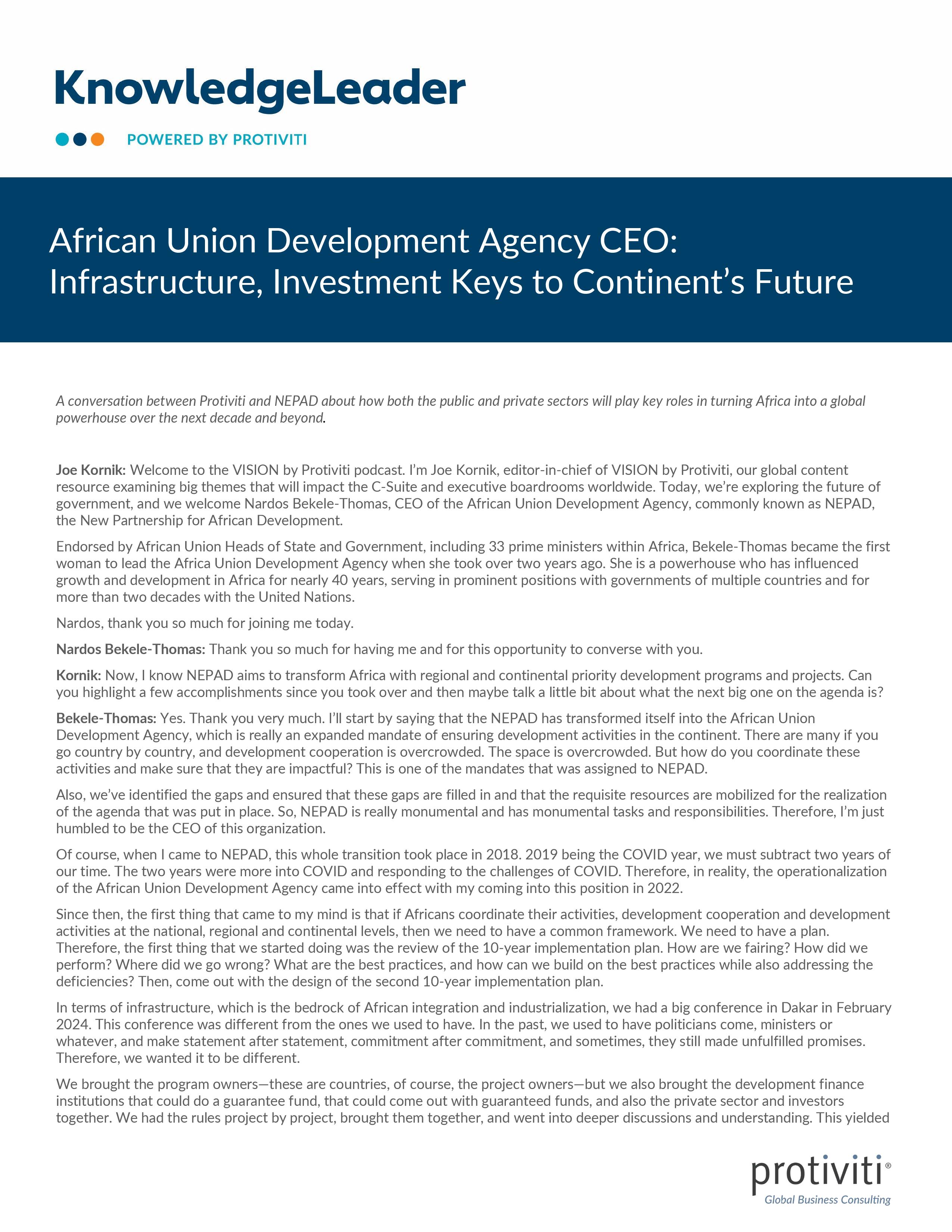 screenshot of the first page of African Union Development Agency CEO Infrastructure, Investment Keys to Continent’s Future